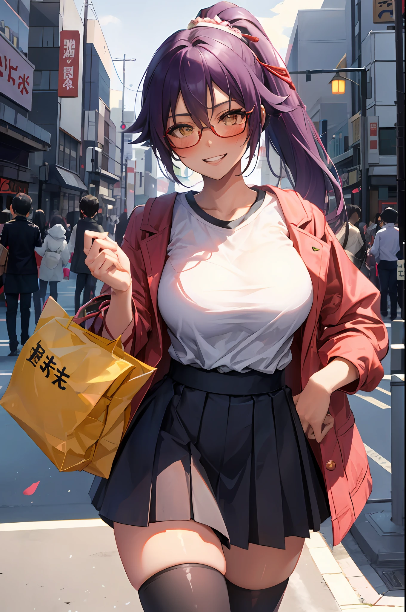 Yoruichi shihouin, dark skin, 1girl, solo, hip hop shirt, jacket, cool glasses, oversized t shirt, black thighhighs, breasts, cleveage, pleated skirt, hair between eyes, large breasts, long hair, looking at viewer, purple hair, pony tail, solo, thighhighs, thighs, long hair, ((masterpiece)), tokyo city, japanese store, japan road, tokyo tower, standing, sexy pose, blush, shy, smile, show teeth, detailed hand, beautifull finger,