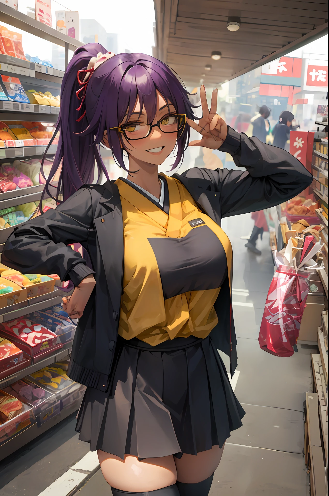 Yoruichi shihouin, dark skin, 1girl, solo, hip hop shirt, jacket, cool glasses, oversized t shirt, black thighhighs, breasts, cleveage, pleated skirt, hair between eyes, large breasts, long hair, looking at viewer, purple hair, pony tail, solo, thighhighs, thighs, long hair, ((masterpiece)), tokyo city, japanese store, japan road, tokyo tower, standing, sexy pose, blush, shy, smile, show teeth, detailed hand, beautifull finger,