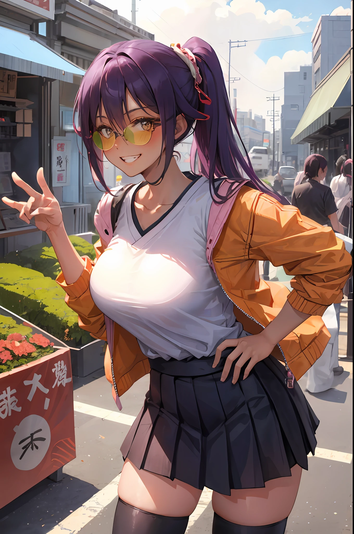 Yoruichi shihouin, dark skin, 1girl, solo, hip hop shirt, jacket, cool glasses, oversized t shirt, black thighhighs, breasts, cleveage, pleated skirt, hair between eyes, large breasts, long hair, looking at viewer, purple hair, pony tail, solo, thighhighs, thighs, long hair, ((masterpiece)), tokyo city, japanese store, japan road, tokyo tower, standing, sexy pose, blush, shy, smile, show teeth, detailed hand, beautifull finger,