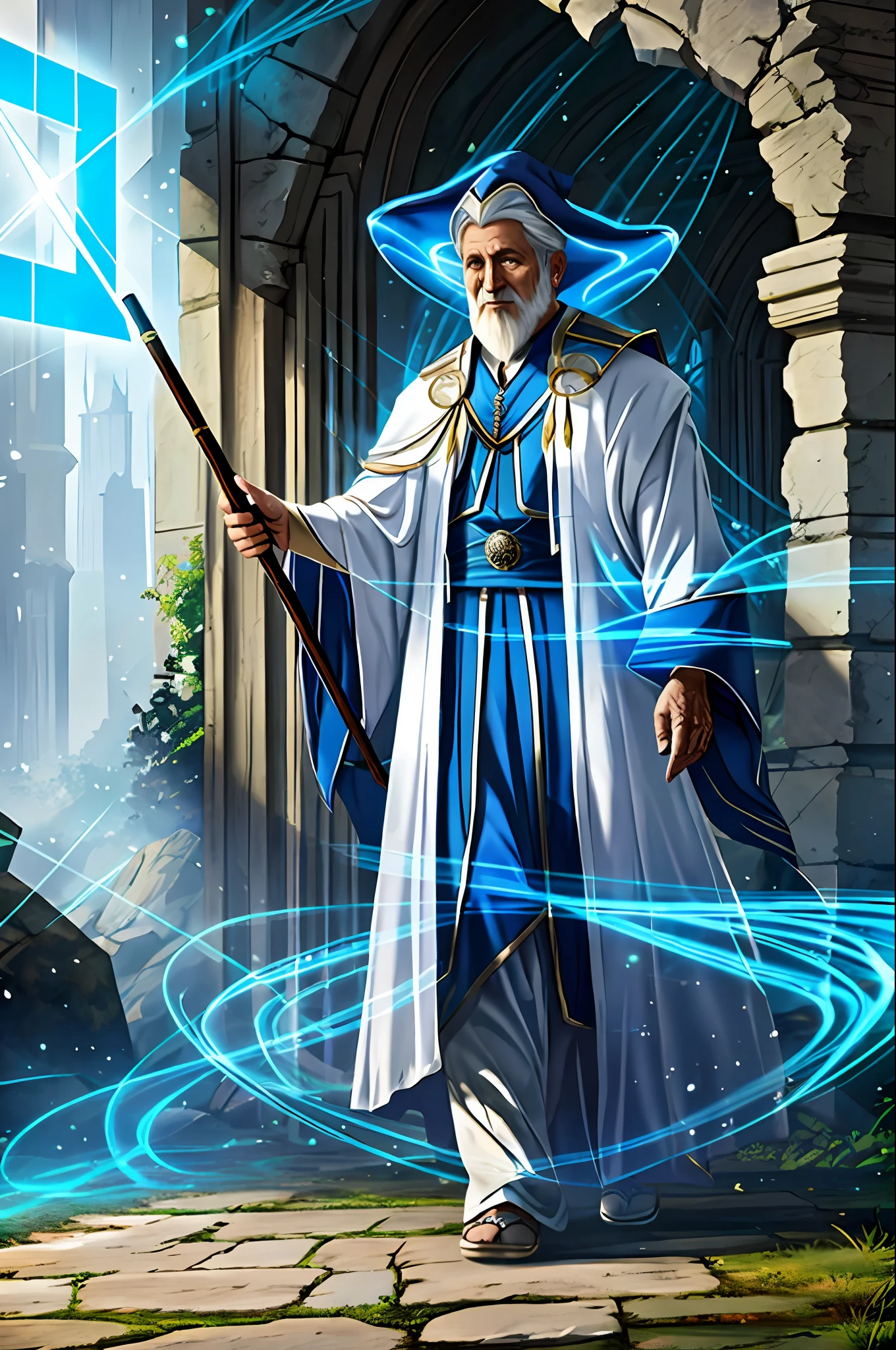 magv1ll, old wizard, White robe, walking stick, ruins, Glow, enchanted,Magical glare,Blue streamer,runde,flared