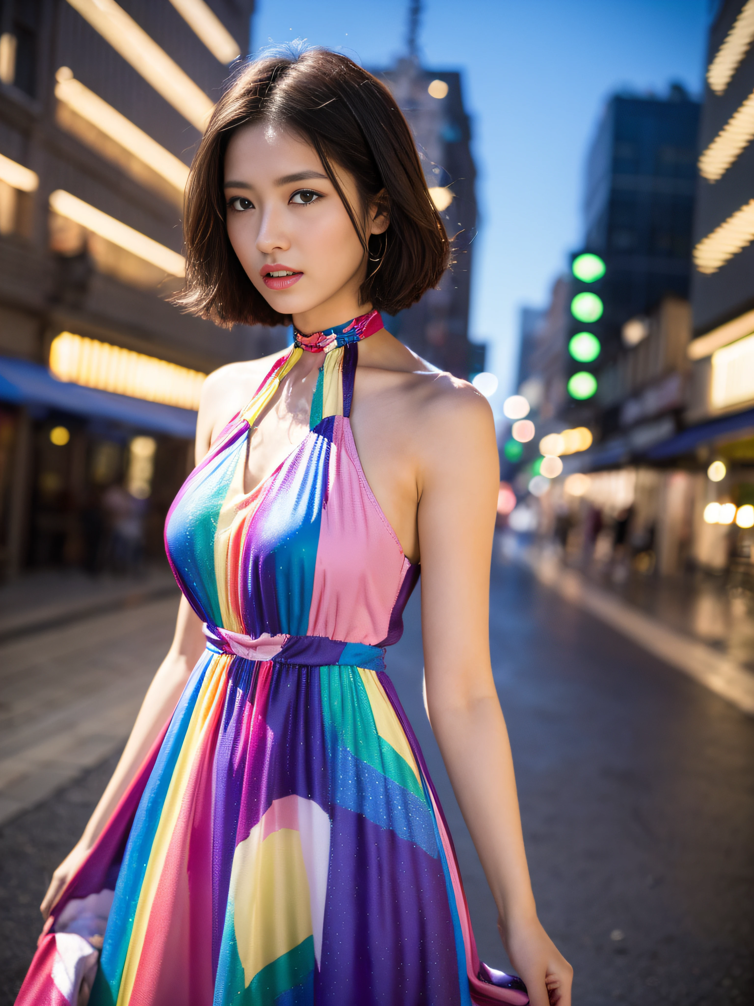 woman posing for a photo,(wearing halter_dress,wearing colorful_dress:1.3), 
good hand,4k, high-res, masterpiece, best quality, head:1.3,((Hasselblad photography)), finely detailed skin, sharp focus, (cinematic lighting), collarbone, night, soft lighting, dynamic angle, [:(detailed face:1.2):0.2],(((city background))), outside,