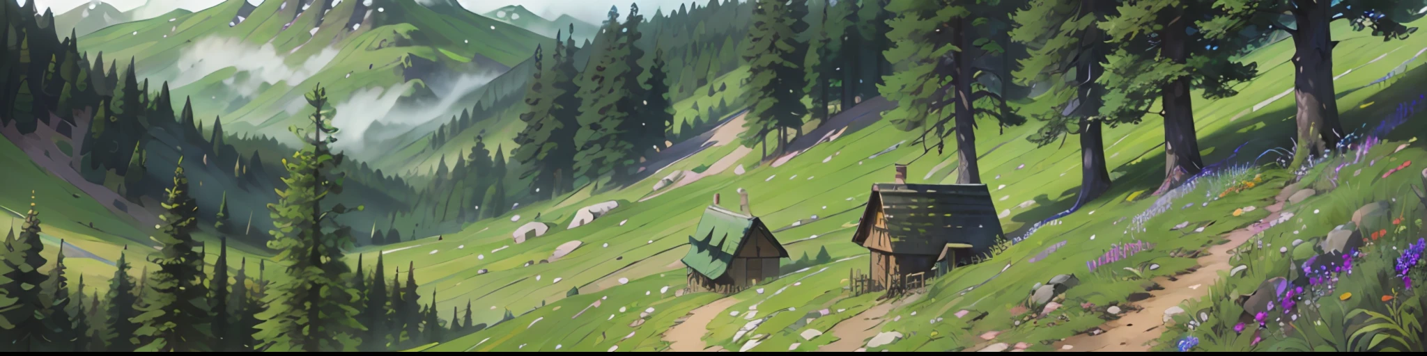 forested，path，wooden cottage，Big mountains in the distance，Green bushes，Fawns grazing，Natural ecology，ultra detaile，warm sunlight，4K quality