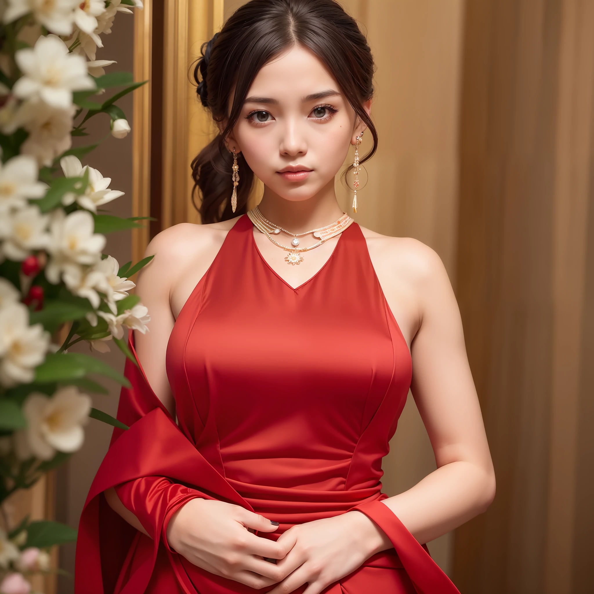 a woman in a red dress posing for a picture in a room, sexy red dress, Sexy dress, Gorgeous Japanese model, in a red dress, Red dress, Tight dress, Chinese girl, Lovely woman, Sexy girl, wearing a red cheongsam, gorgeous woman, Wearing a red dress, on cheongsam, Beautiful girl, Ceremonial Japan, low cut dress, Giant tits, San Luis