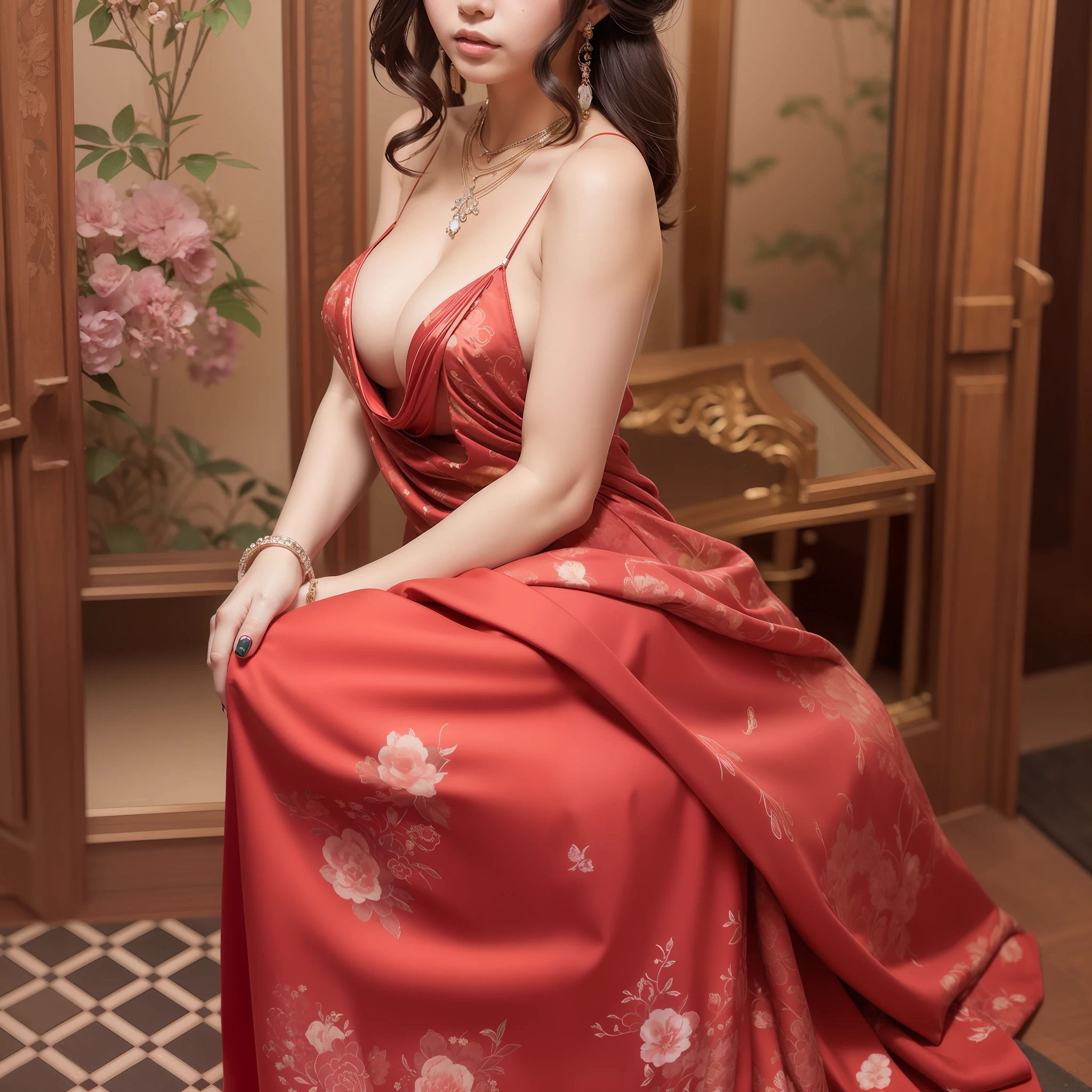 a woman in a red dress posing for a picture in a room, ???? red dress, ???? dress, Gorgeous Japanese model, in a red dress, Red dress, Tight dress, Chinese girl, Lovely woman, ???? girl, wearing a red cheongsam, gorgeous woman, Wearing a red dress, on cheongsam, Beautiful girl, Ceremonial Japan, low cut dress, Giant ????, San Luis