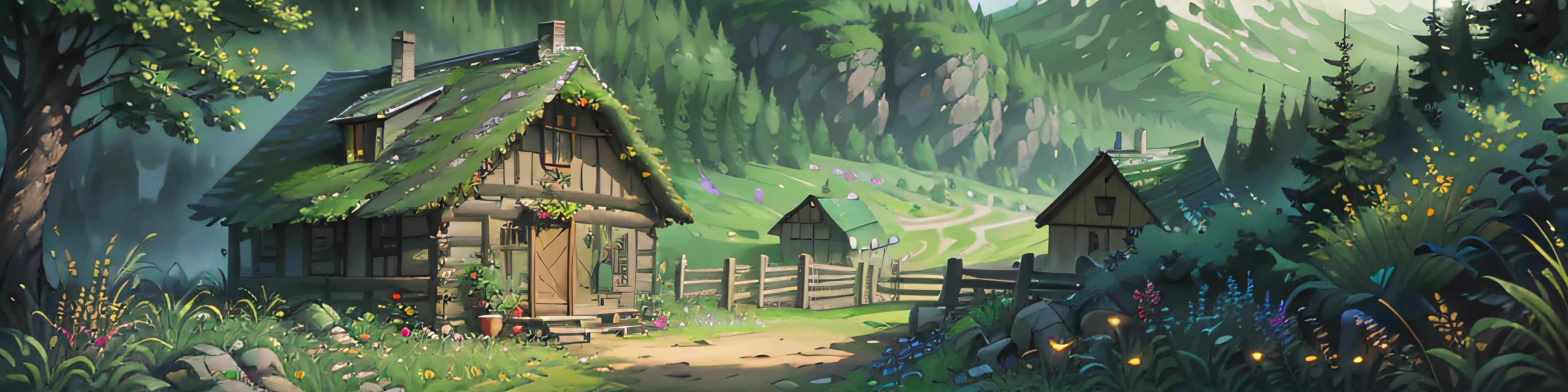 forested，path，wooden cottage，Big mountains in the distance，Green bushes，Fawns grazing，Natural ecology，ultra detaile，warm sunlight，4K quality