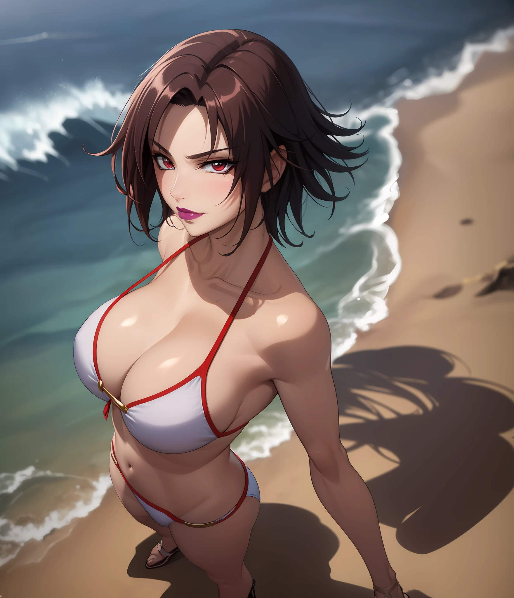 Lee Mayfeng, (full body shot:1.1), mature female, 1girl, anime face, standing, holding an icecream, beach background, bikini, highheels, makeup, large breasts, lipstick, red eyes, short hair, brown hair, cleavage, perfect body, (athletic body:1.1), perfect eyes, anime eyes, smoky eyeliner, eyeshadow, perfect face, smirking, sharp focus, intricate details, masterpiece painting, professional artwork, (vibrant colors:1.1), vivid colors, Diffused lighting, digital blending, ultra detailed body, ultra detail hair, ultra detail face, trending on pixiv, by Kagami Hirotaka,