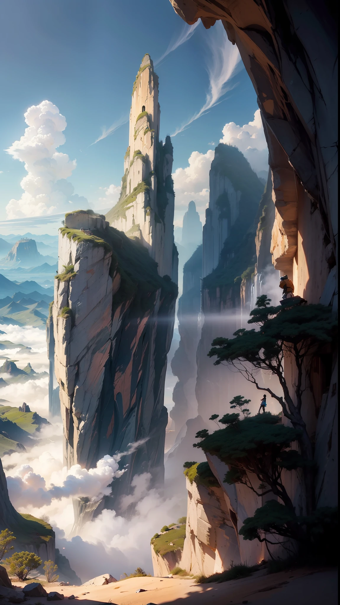 A very detailed matte painting,A man is depicted on a mountain,makoto shinkai,artgerm,wlop,greg rutkowski,Volumetriclighting,octane rendered,4K resolution,ArtStation Trends