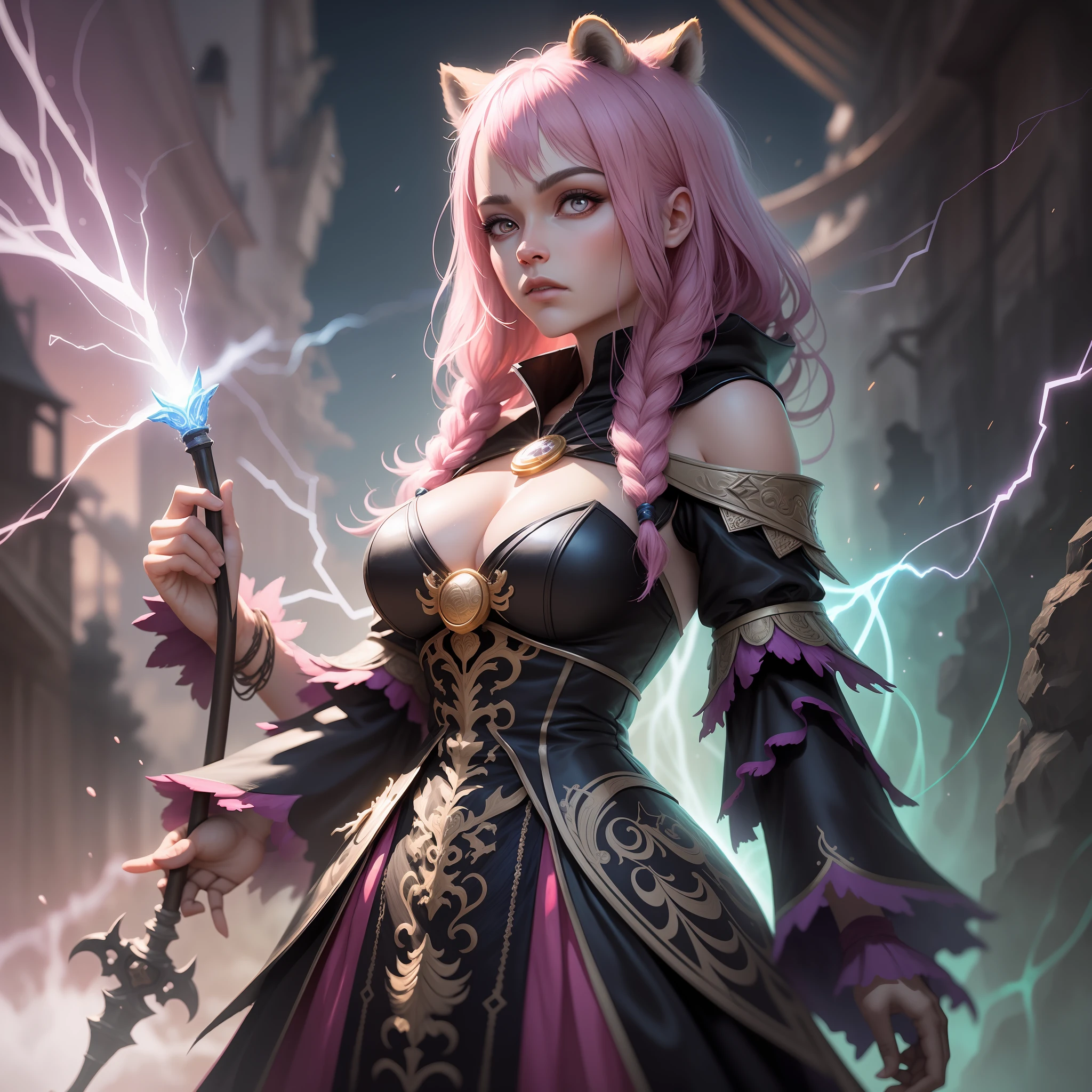 （Digital artwork：1.3），（a sketch：1.1）（（Octane rendering）），night scenery，moon light，（（A magical barrier of light and light）），（（（Q version of the cute raccoon magician））），Staff in hand，（（Huge lightning magic）），（（Complex luminous runes）），an intricate（vine：1.2），Huge tree in liquid metal，Realistic digital painting portrait，shot at 8k resolution，Gasoline liquid，color pastel，splashart，Magical universe of pink and blue and purple，Lithography in intricate details，（light particules：1.2），（game concept：1.3），（deep of field:1.3),Global illumination,with rich details,Fashion trends epic shots on ArtStation，Cinematic lighting