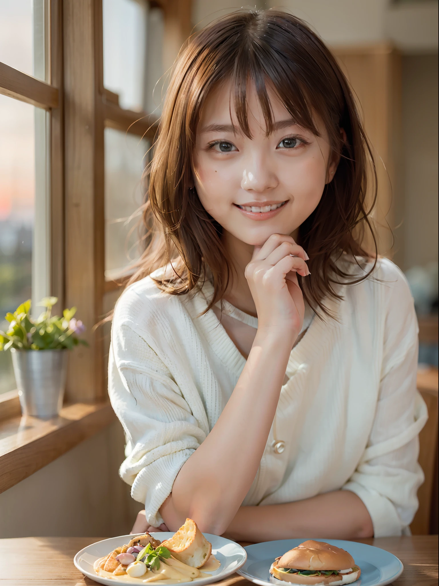 巨作, Top Quality, proximity, shorth hair, bronde hair, blue eye, tables, foods, Hands on your chin, smile on face, window, sunsets,smile on face、Realstic、Live Action、