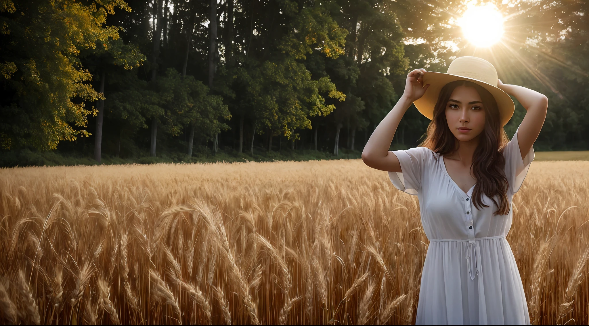 [cheio:superior:6] Body photo of an attractive beautiful woman in her 30s wearing a casual sun dress and a sun hat standing in wheat fields holding a hand in the air, somente, [caucasiano|Sueco|Italiano], messy long hair [castanho|Moreno], corpo magro, pele clara, Grandes olhos azuis, lush lips, staring the camera, rosto detalhado, olhos detalhados, roupas detalhadas,  rural area background, em Frente a uma aldeia, poeira, ambiente empoeirado e sujo, seca, onda de calor, raios de sol, meio-dia, summertime, calor ar distorcido, heat distortion, Soft illumination, cinematic lightening, luz de Fundo, dessaturada, luz solar Frito, Average depth of field, alta qualidade, ultradetalhado, sharp-focus, DSLR, UHD, HDR, 8k, detalhes intrincados, hiperdetalhado, F/5.6, absurdos, proFissional, Fotorrealista, Realista, Realismo, hiper-Realismo,  FotograFia de arte,, Obra-prima premiada, vindima, dynamic compositing,