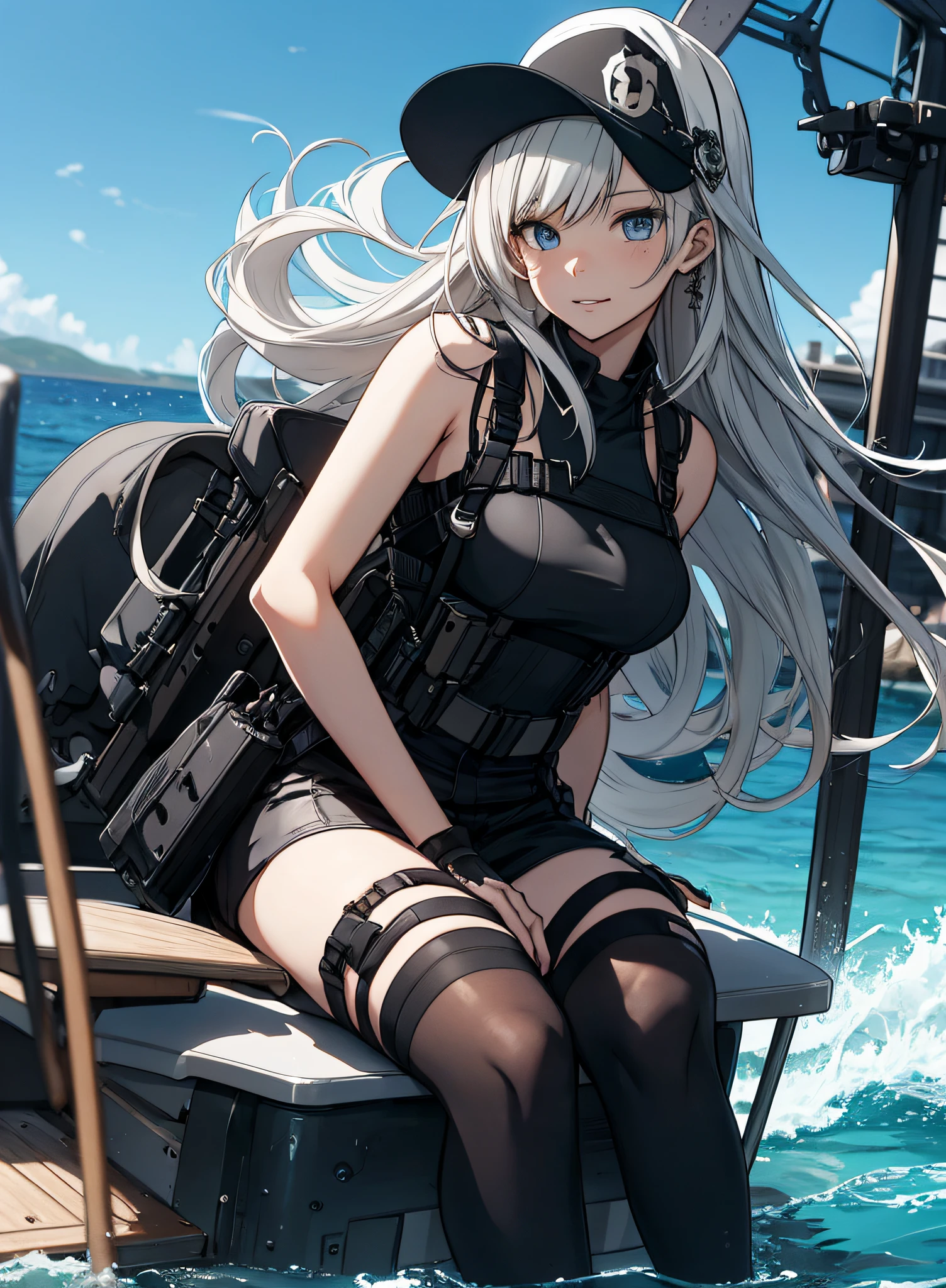 anime girl in a black outfit riding a boat in the ocean, from girls frontline, Best anime 4k konachan wallpaper, girls frontline style, Girls Frontline CG, Kantai collection style, girls frontline universe, Fine details. Girl Front, Girl Front, Anime style 4 K, cushart kenz, badass anime 8 k, cushart krenz key art feminine