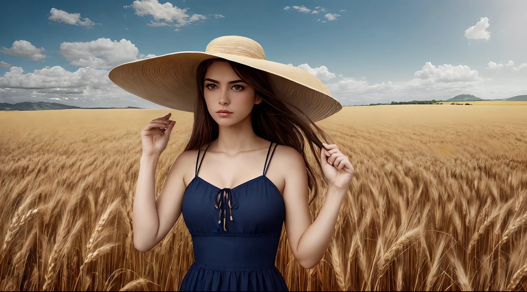 [cheio:superior:6] Body photo of an attractive beautiful woman in her 30s wearing a casual sun dress and a sun hat standing in wheat fields holding a hand in the air, somente, [caucasiano|Sueco|Italiano], messy long hair [castanho|Moreno], corpo magro, pele clara, Grandes olhos azuis, lush lips, staring the camera, rosto detalhado, olhos detalhados, roupas detalhadas,  rural area background, em Frente a uma aldeia, poeira, ambiente empoeirado e sujo, seca, onda de calor, raios de sol, meio-dia, summertime, calor ar distorcido, heat distortion, Soft illumination, cinematic lightening, luz de Fundo, dessaturada, luz solar Frito, Average depth of field, alta qualidade, ultradetalhado, sharp-focus, DSLR, UHD, HDR, 8k, detalhes intrincados, hiperdetalhado, F/5.6, absurdos, proFissional, Fotorrealista, Realista, Realismo, hiper-Realismo,  FotograFia de arte,, Obra-prima premiada, vindima, dynamic compositing,