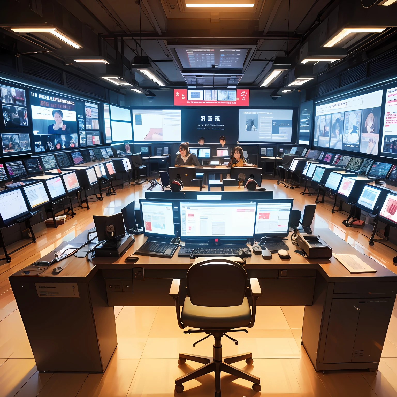 A high-tech live broadcast room of 1,000 square meters，Sci-fi live broadcast room，High-tech visualization screens full of walls，The screen shows ancient Chinese architecture and a group of Chinese dressed in ancient costumes ，Chinese in period costume practice kung fu on screen，Seven or eight operators with headsets operate on computers in the live broadcast room，A group of working screenwriters and now clerical workers walking around in the live broadcast room with documents， --auto