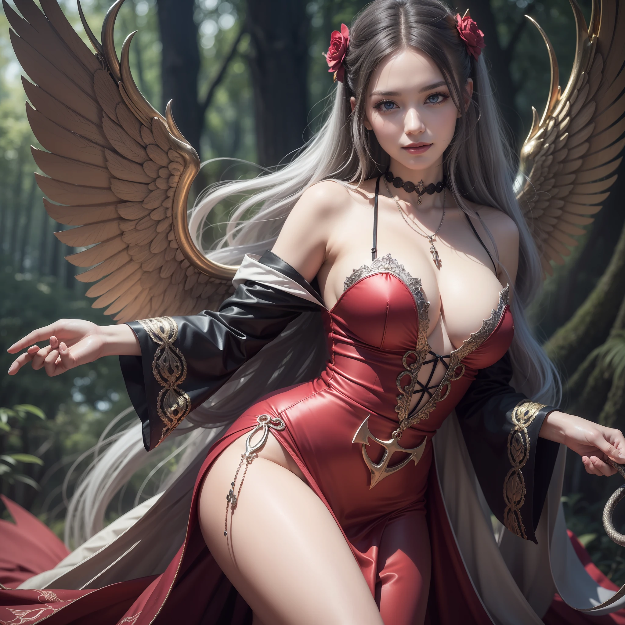arafed, dnd art, aasimar, female,(Masterpiece 1.3, intense details) angelic wings spread (Masterpiece 1.3, intense details) , flying over an enchanted forest (Masterpiece 1.3, intense details), colorful trees, at dawn, sunlight, wearing red dress, high heeled boots, shiny silver hair, long hair, blue eyes, black hair, long hair, ponytail, bead necklace, anchor choker, symbol-shaped pupils, snake pupils, makeup, evil smile, serious, god rays, Gothic art, cinematic lighting, glowing light, silhouette, ultra-wide shot, from outside, Wide-Angle, Ultra-Wide Angle, 8k, highres, best quality, high details