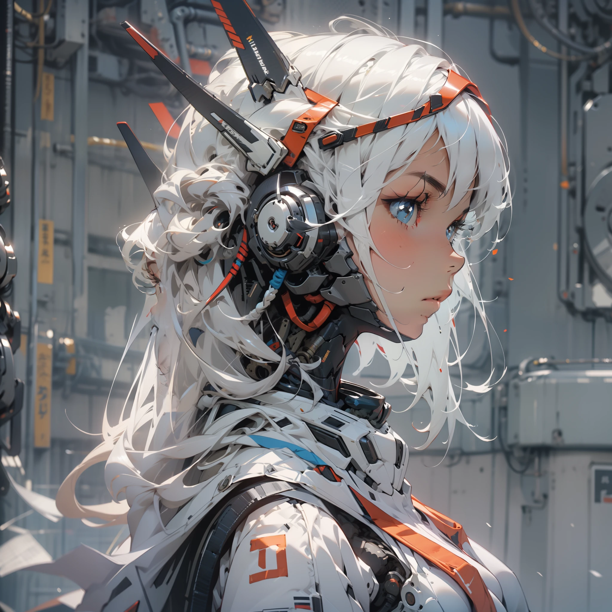 machinery, Mecha, 1girl, solo, from side, long hair, profile, upper body, science fiction, closed mouth, white hair, headgear, Technological background，