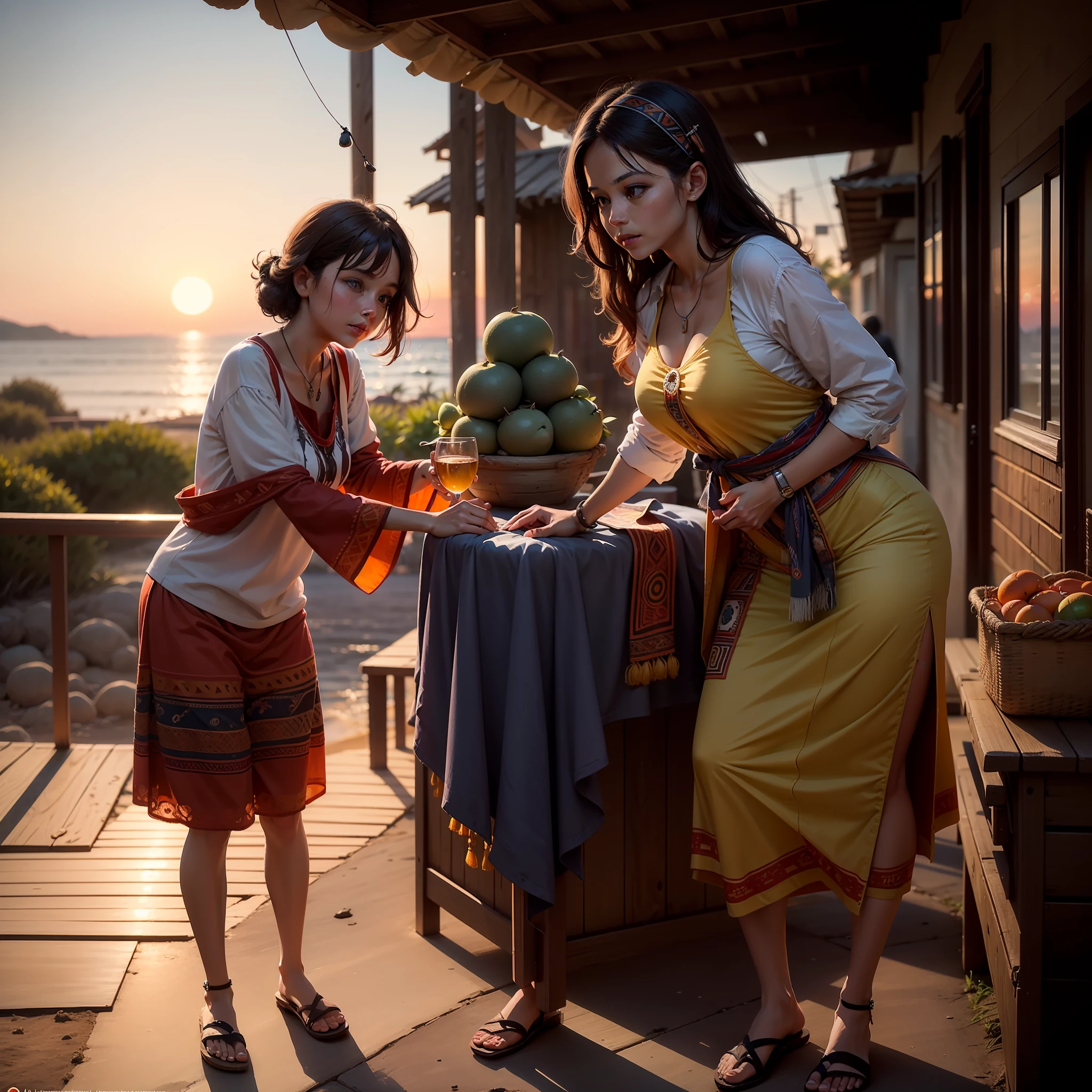 "An anthropomorphic island of turtles, with a beautiful sunset and warm feeling atmosphere. Turtles are living their daily lives with activities like fishing and fruit gathering. Anthropomorphic women have an upright posture and are dressed in colorful tribal attire.. The sun is low and orange, creating a pleasant feeling of warmth. Lighting is bright and feels natural, la sombra es adecuada. El ambiente general es relajado y reconfortante. -auto".