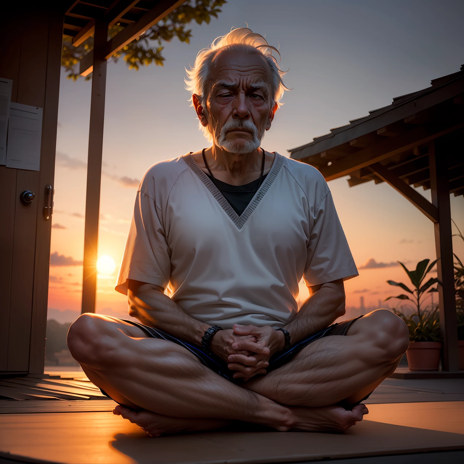 Stoic old man meditating in front of a sunset --auto