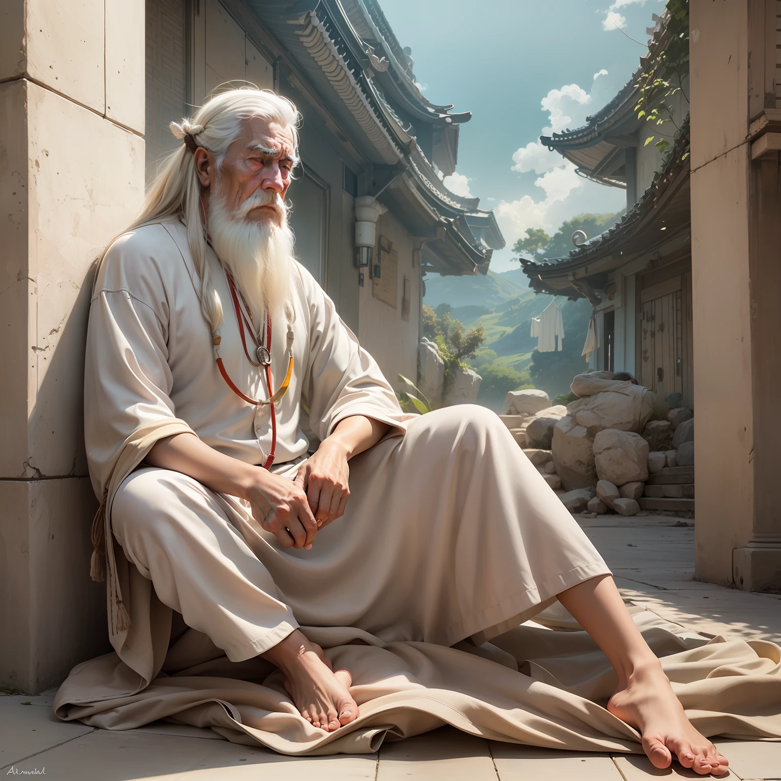 Stoic old man meditating in front of a sunset --auto