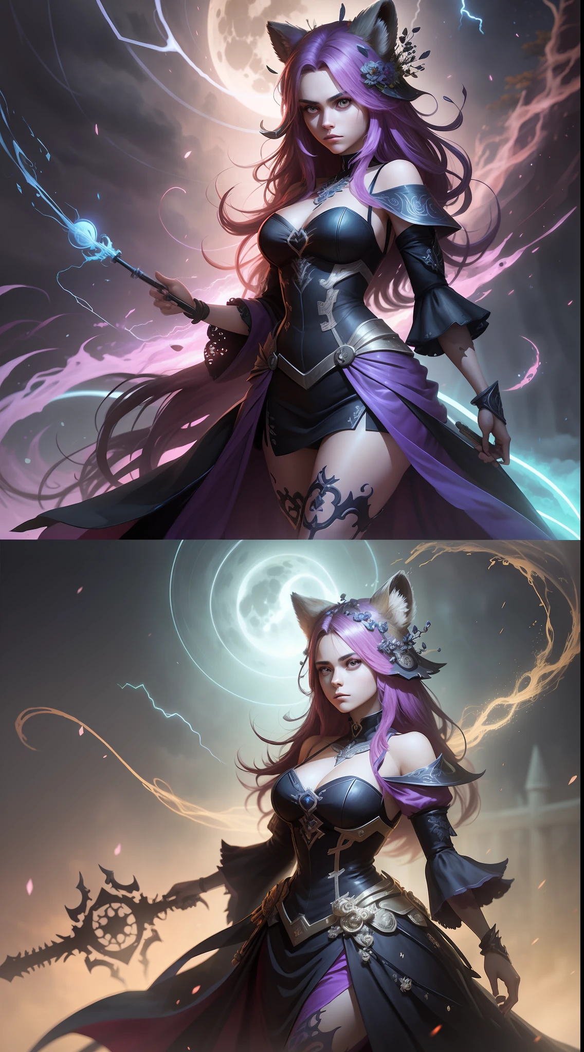 (Digital artwork:1.3),(a sketch:1.1)((Octane rendering)),night scenery,moon light,((A magical barrier of light and light)),(((Q version of the cute raccoon magician))),Staff in hand,((Huge lightning magic)),((Complex luminous runes)),an intricate(vine:1.2),Huge tree in liquid metal,Realistic digital painting portrait,shot at 8k resolution,Gasoline liquid,color pastel,splashart,Magical universe of pink and blue and purple,Lithography in intricate details,(light particules:1.2),(game concept:1.3),(deep of field:1.3),Global illumination,with rich details,Fashion trends epic shots on ArtStation,Cinematic lighting