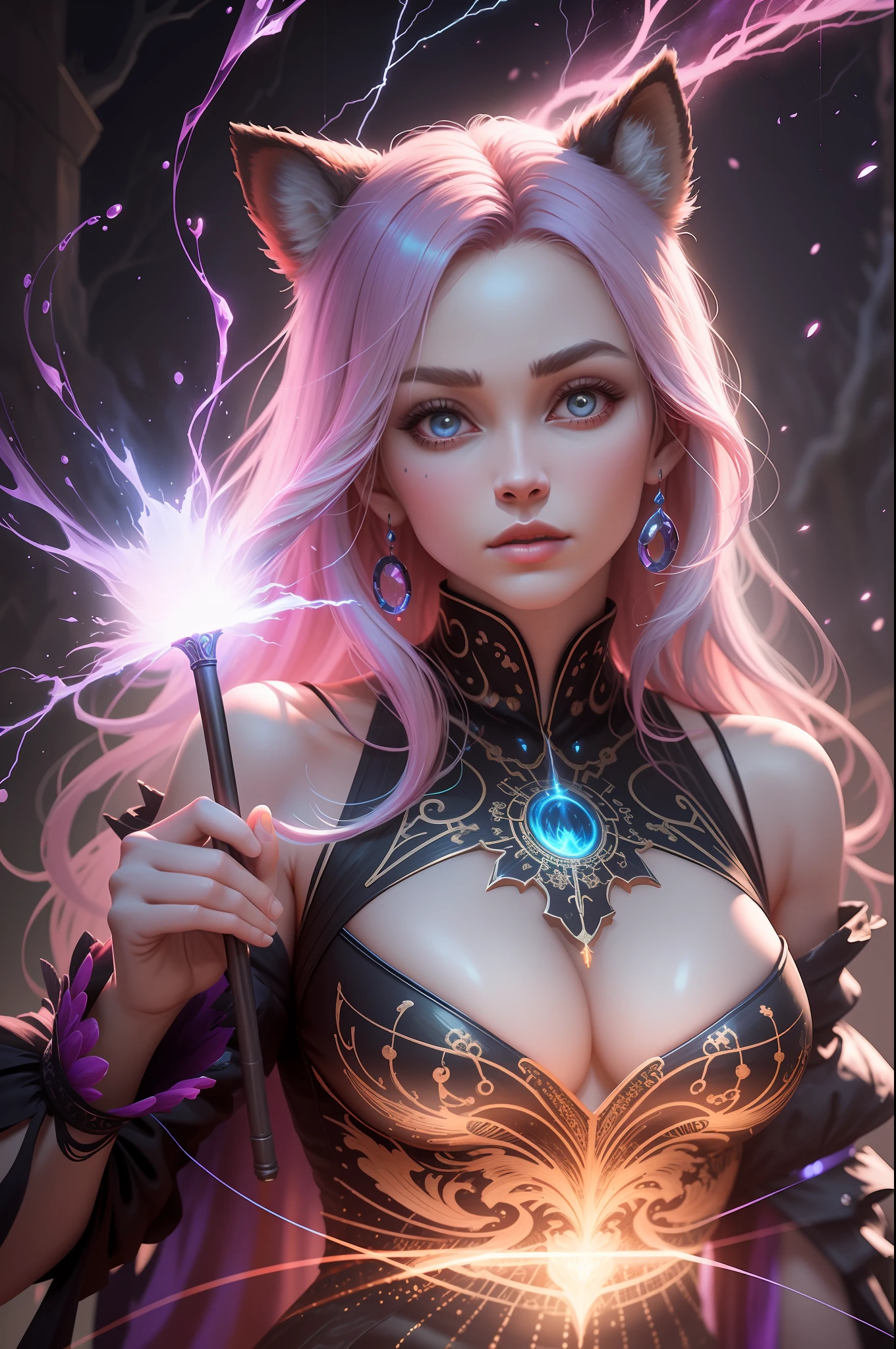 （Digital artwork：1.3），（a sketch：1.1）（（Octane rendering）），night scenery，moon light，（（A magical barrier of light and light）），（（（Q version of the cute raccoon magician））），Staff in hand，（（Huge lightning magic）），（（Complex luminous runes）），an intricate（vine：1.2），Huge tree in liquid metal，Realistic digital painting portrait，shot at 8k resolution，Gasoline liquid，color pastel，splashart，Magical universe of pink and blue and purple，Lithography in intricate details，（light particules：1.2），（game concept：1.3），（deep of field:1.3),Global illumination,with rich details,Fashion trends epic shots on ArtStation，Cinematic lighting