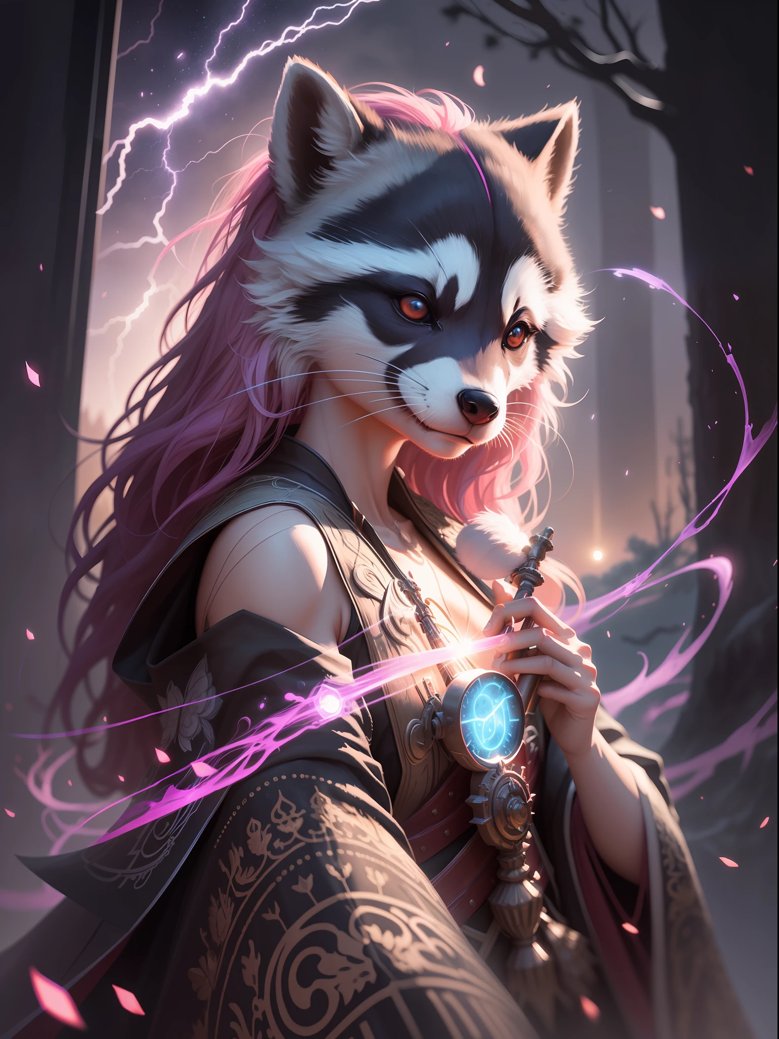 （Digital artwork：1.3），（a sketch：1.1）（（Octane rendering）），night scenery，moon light，（（A magical barrier of light and light）），（（（Q version of the cute raccoon magician））），Staff in hand，（（Huge lightning magic）），（（Complex luminous runes）），an intricate（vine：1.2），Huge tree in liquid metal，Realistic digital painting portrait，shot at 8k resolution，Gasoline liquid，color pastel，splashart，Magical universe of pink and blue and purple，Lithography in intricate details，（light particules：1.2），（game concept：1.3），（deep of field:1.3),Global illumination,with rich details,Fashion trends epic shots on ArtStation，Cinematic lighting