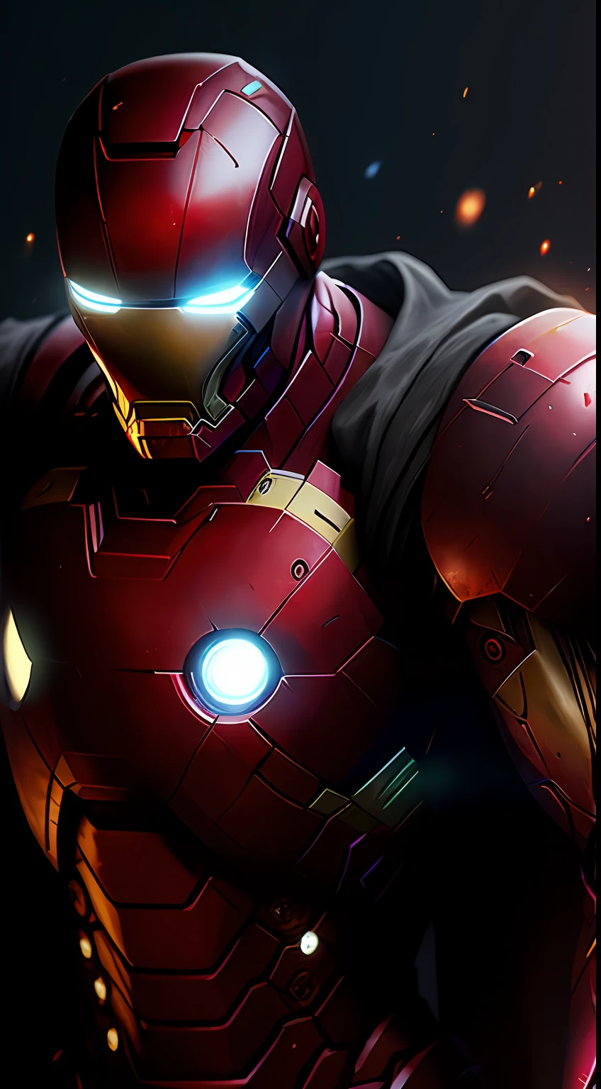 (dark shot: 1.1), epic realistic, Iron Man in the dark with glowing eyes and glowing cape, soft cinematic light, Adobe Lightroom, darkroom, HDR, intricate, highly detailed, (depth of field: 1.4), hyper-detail (artstation: 1.4), cinematic, warm light, dramatic light (complex details: 1.1)