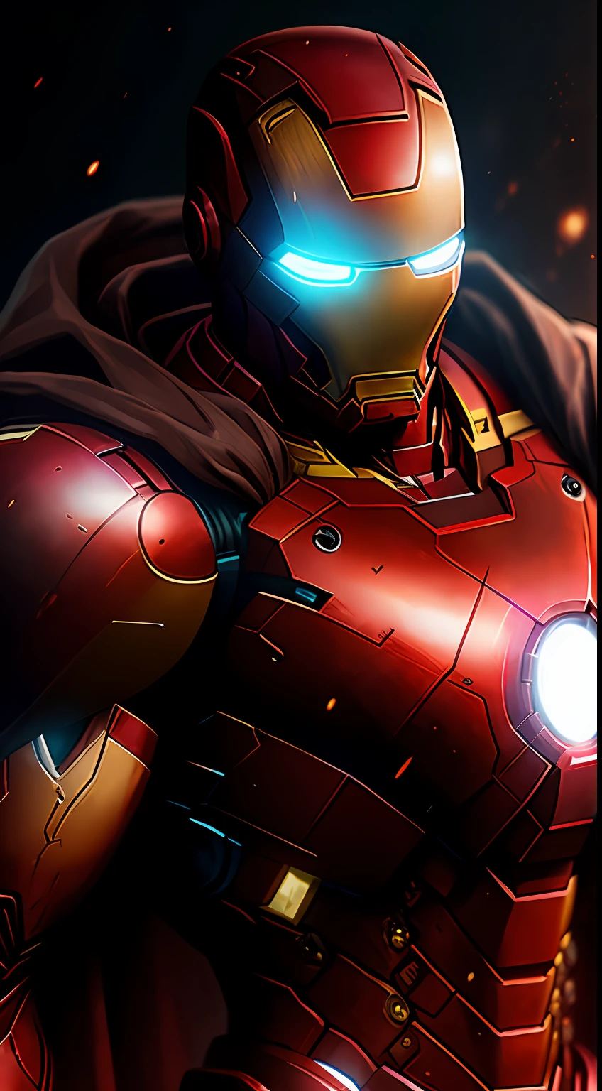 (dark shot: 1.1), epic realistic, Iron Man in the dark with glowing eyes and glowing cape, soft cinematic light, Adobe Lightroom, darkroom, HDR, intricate, highly detailed, (depth of field: 1.4), hyper-detail (artstation: 1.4), cinematic, warm light, dramatic light (complex details: 1.1)