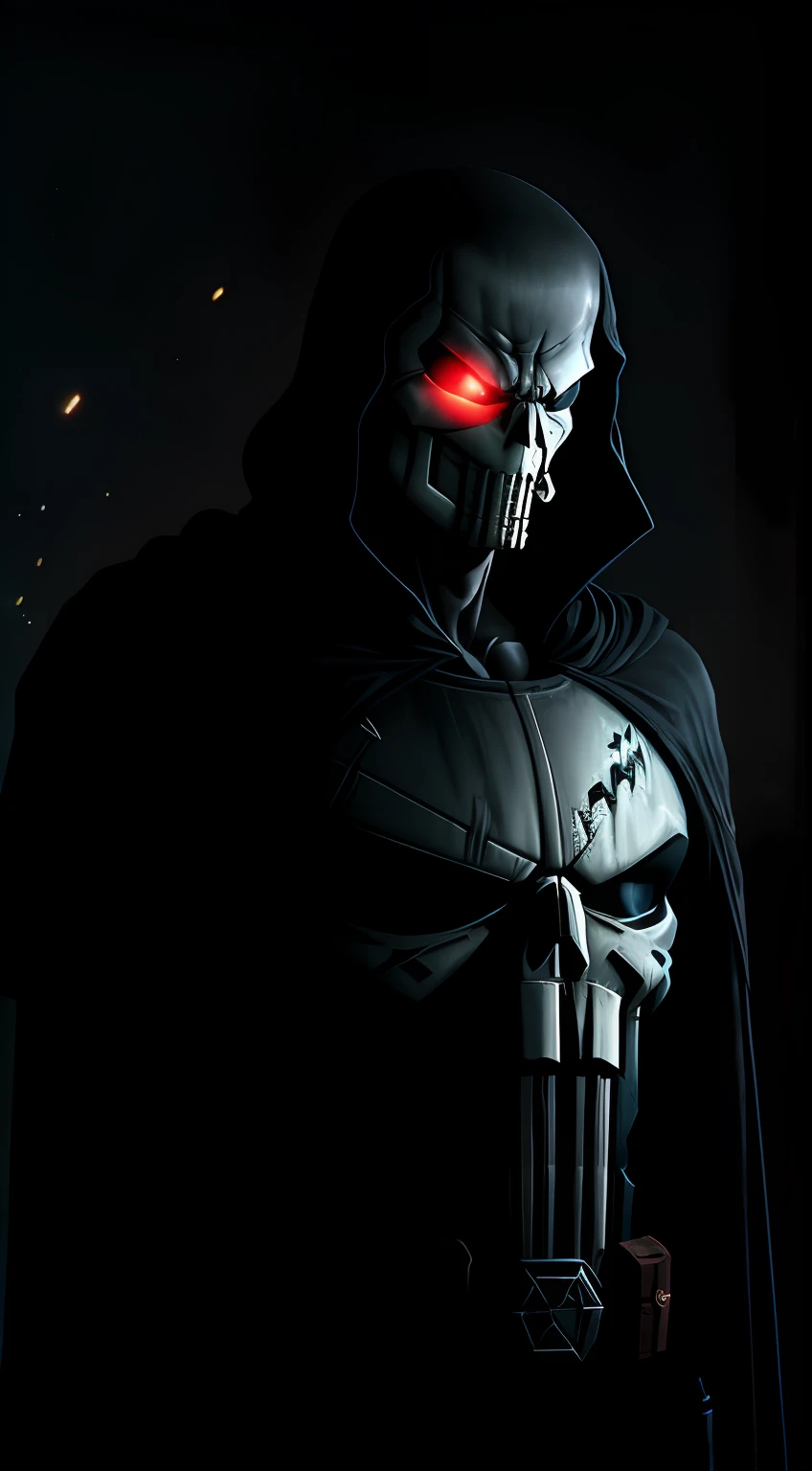 (dark shot: 1.1), epic realistic, Punisher in the dark with glowing eyes and glowing cape, soft cinematic light, Adobe Lightroom, darkroom, HDR, intricate, highly detailed, (depth of field: 1.4), hyper-detail (artstation: 1.4), cinematic, warm light, dramatic light (complex details: 1.1)