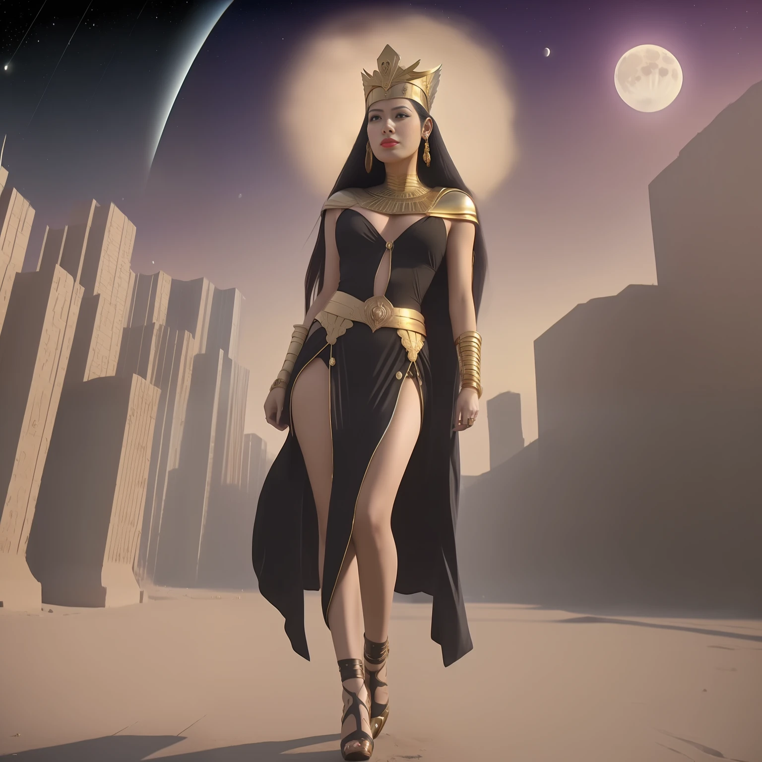Full body, Abstract colors, colorfully beautiful, high contrast, volumetric light, texture, grainy film, skin pores, dusty atmospheric haze, vignetting, ((Face symmetry)), austere cleopatra makeup, complex hasselblad dslr RAW dramatic portrait photo (female ruler)1. 2, queen of Egypt, golden crown with the image of a golden scarab, standing on the balcony of the temple, looking at the viewer, slender body, firm butt, pile of gold coins under her feet, with an alluring passionate look, futuristic renegade in (luxurious outfit of the queen of Egypt:1. 4), night, night sky with stars, thick clouds, moonlight, gold bracelets, silk gold material, (absurdly long hair)1.3, (piercing)1.1, analog style eye contact nofilter selfie, posing in front of space with moon, night landscape, (backlight)1.2, (film grain)1.2, frame from a cinematic movie, high-heeled shoes