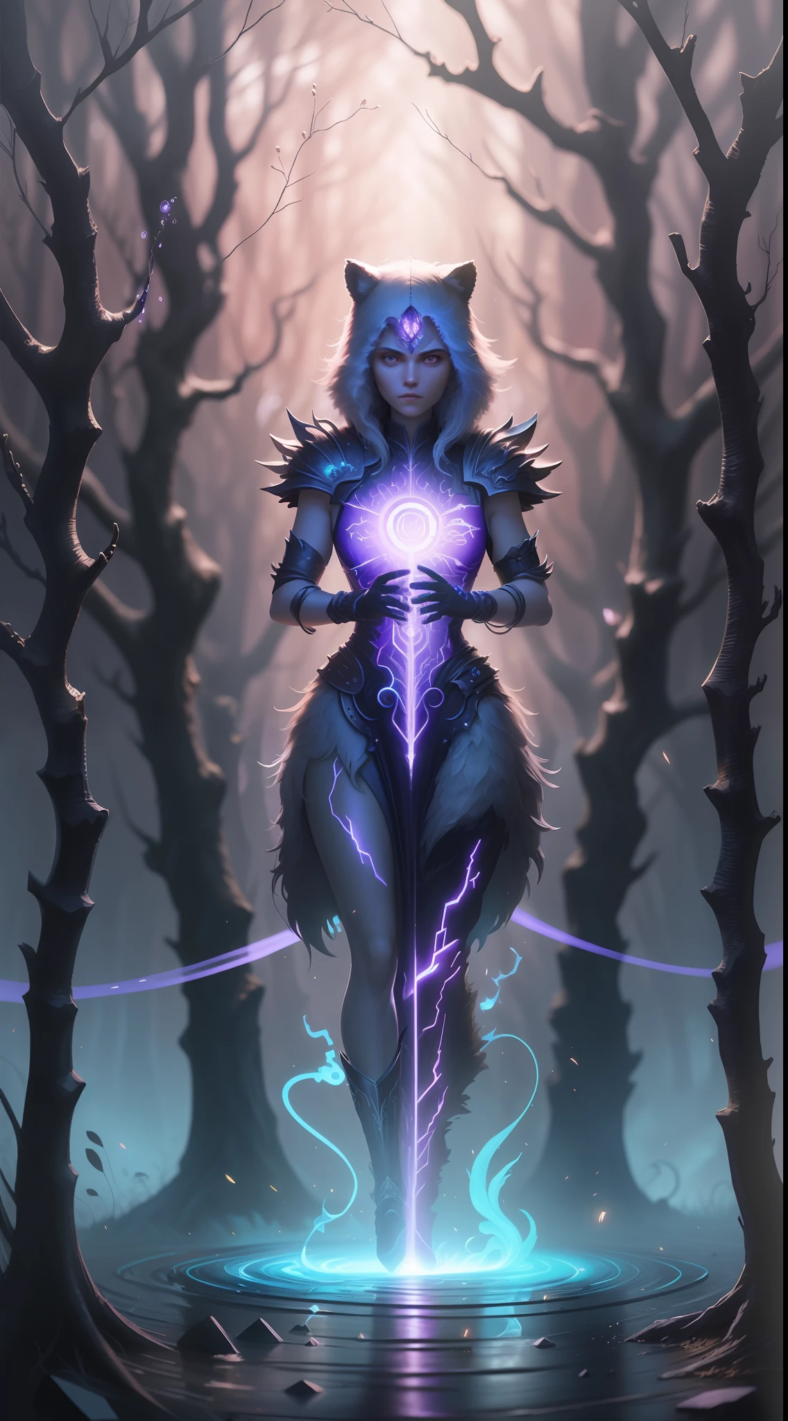 (Digital artwork:1.3),(a sketch:1.1)Octane renders a mysterious and dense enchanted forest,With a large one that leads to the Eternal Kingdom(magic:1.2)doors(portal:1.3),(Raccoon magician,Close up of),Staff in hand,((Huge glowing magic array)),((Complex luminous runes)),an intricate(vine:1.2),Huge tree in liquid metal,Realistic digital painting portrait,shot at 8k resolution,Gasoline liquid,color pastel,splashart,Magical universe of pink and blue and purple,Lithography in intricate details,(light particules:1.2),(game concept:1.3),(deep of field:1.3),Global illumination,with rich details,Fashion trends epic shots on ArtStation,Cinematic lighting