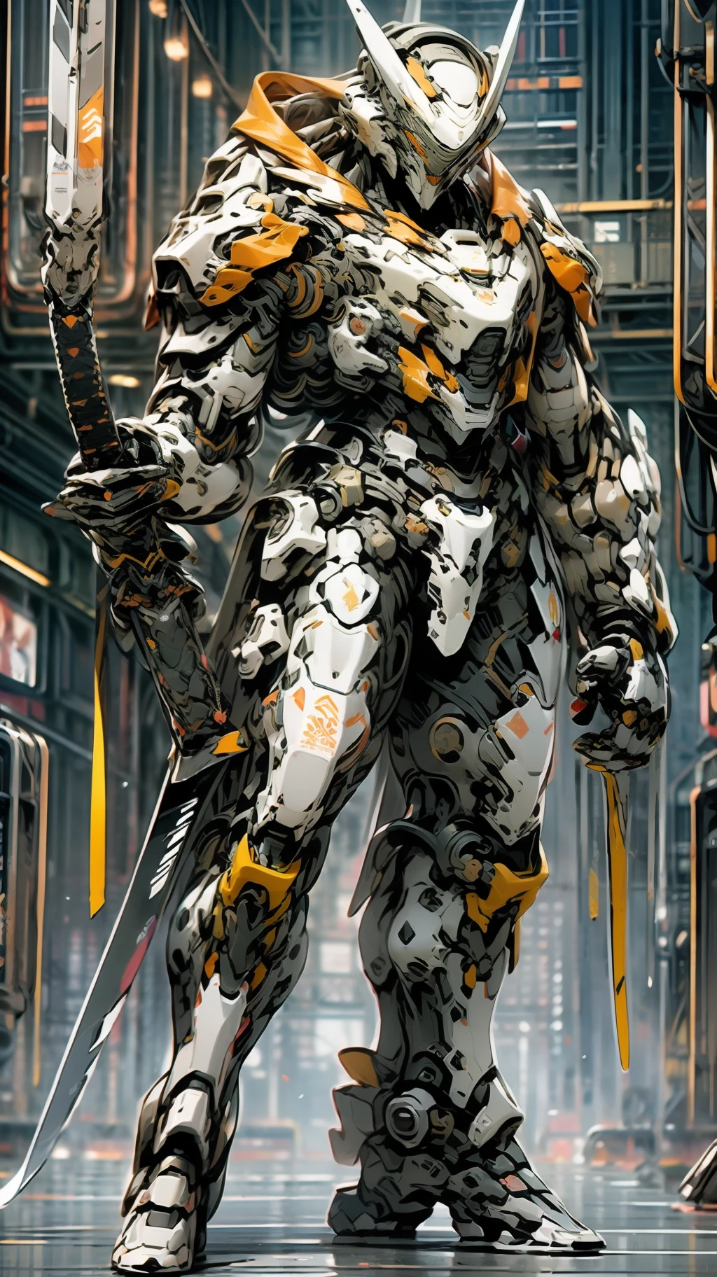 A concept art of full body Armoured Warrior HUMANOID White ROBOT PREDATOR, Holding Katana, Matt materialistic look, ROBOPUNK, Illustration,3d Anime, trending on Artstation, Symmetry, Special effects, Abstract, Clean linework, Highly detailed, HDR, UHD, cinematic, 8K, Surreal, Unreal Engine, art by samdoesart