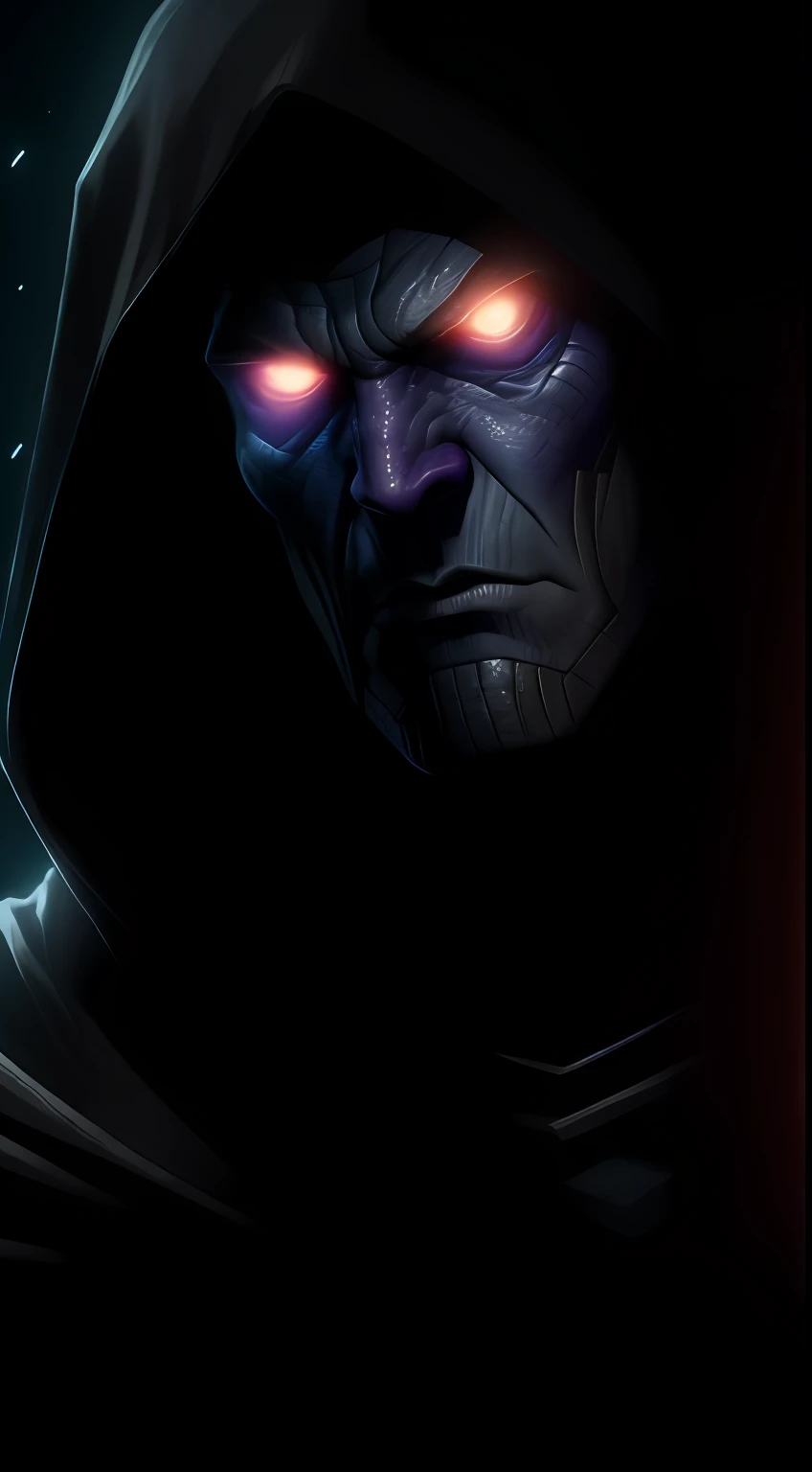 (dark shot: 1.1), epic realistic, Thanos in the dark with glowing eyes and glowing cape, soft cinematic light, Adobe Lightroom, darkroom, HDR, intricate, highly detailed, (depth of field: 1.4), hyper-detail (artstation: 1.4), cinematic, warm light, dramatic light (complex details: 1.1)