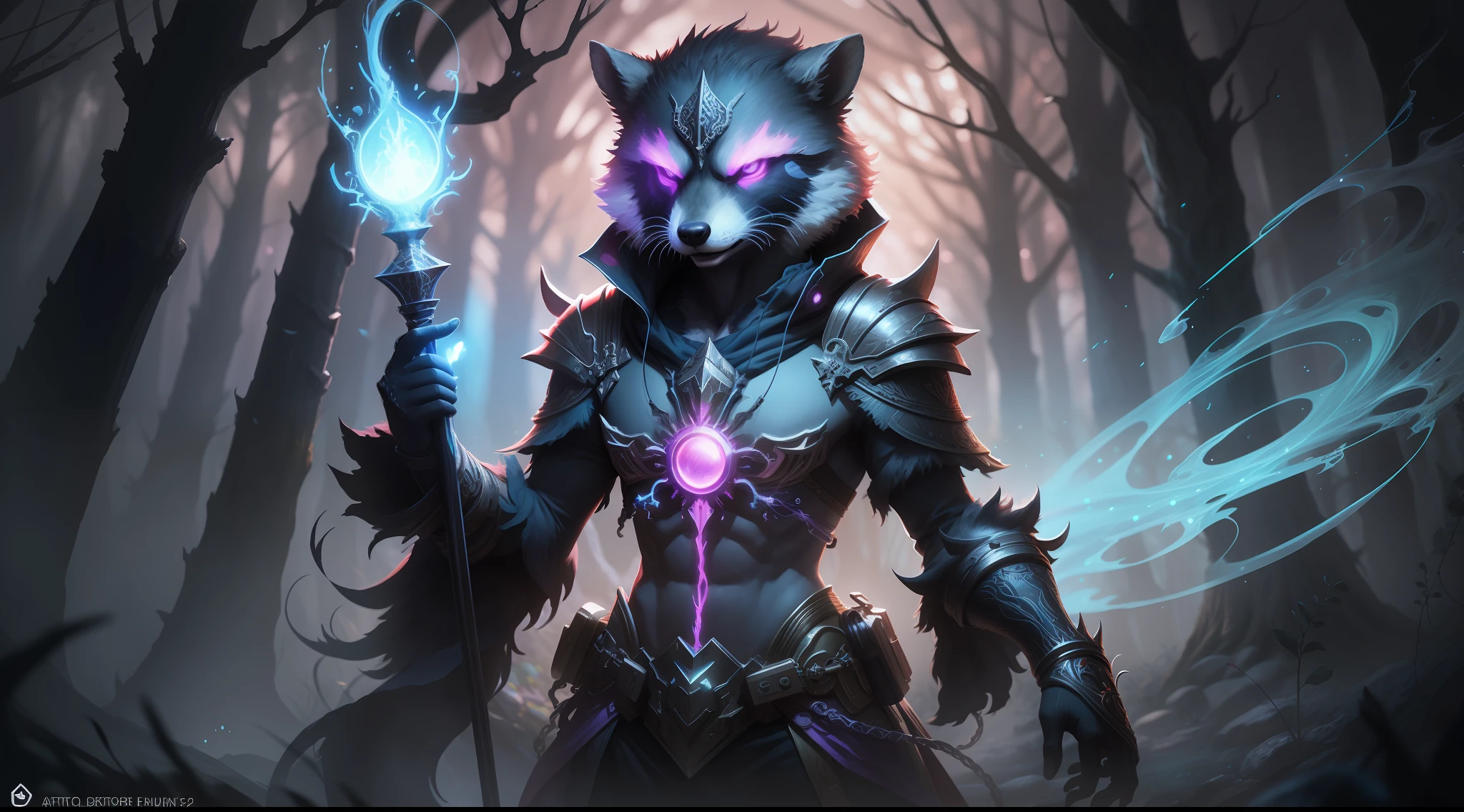 (Digital artwork:1.3),(a sketch:1.1)Octane renders a mysterious and dense enchanted forest,With a large one that leads to the Eternal Kingdom(magic:1.2)doors(portal:1.3),(Raccoon magician,Close up of),Staff in hand,(Huge glowing magic array,Complex luminous runes),an intricate(vine:1.2),Huge tree in liquid metal,Realistic digital painting portrait,shot at 8k resolution,Gasoline liquid,color pastel,splashart,Magical universe of pink and blue and purple,Lithography in intricate details,(light particules:1.2),(game concept:1.3),(deep of field:1.3),Global illumination,with rich details,Fashion trends epic shots on ArtStation,Cinematic lighting