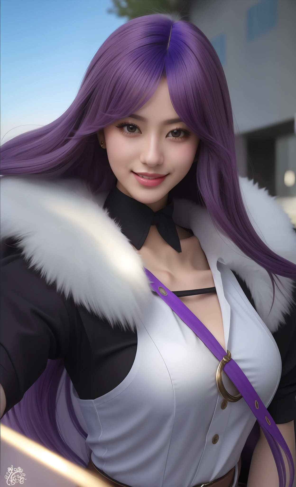 a close up of a woman with long hair and a purple wig, irelia, portrait of ahri, seraphine ahri kda, artgerm lau, portrait knights of zodiac girl, astri lohne, style artgerm, ashe, trending artgerm, ahri, freya, kda, ig model | masterpiece, best quality, 1girl, solo, girls und panzer, el, cleavage,  white shirt, suspenders, green skirt, black belt, outdoors, wearing a mask, smile , Big breasts