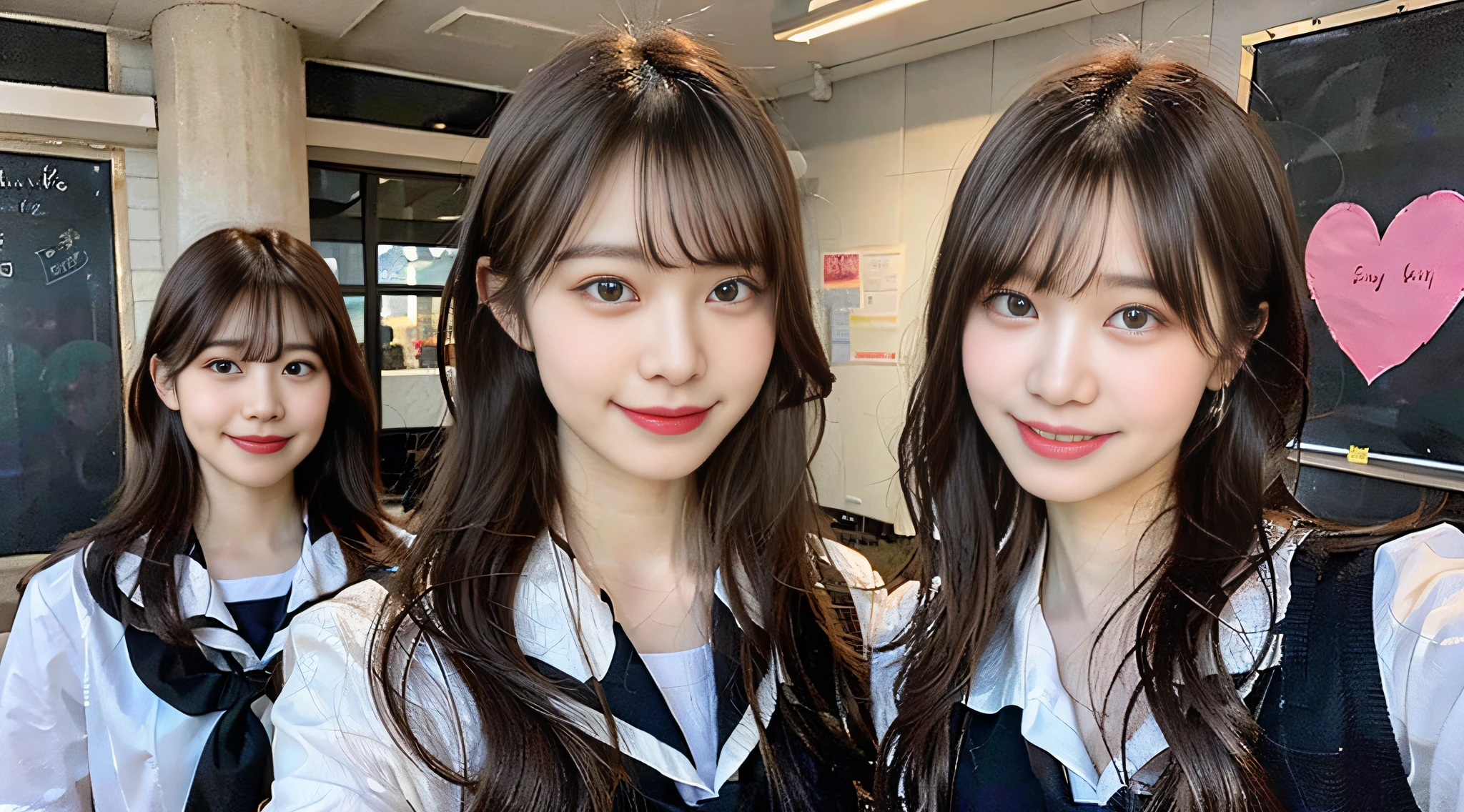 (8K、Raw photography、Top  Quality、巨作:1.2)、ultra detaild、Super Resolution、(photorealestic:1.5)、Amazingly beautiful lighting、an extremely detailed and beautiful、A smile that makes you see your teeth、White Skin Skin、Fair-skinned female proofreading、(Heart pose for the camera))、Beautiful girls in very detailed、Faces with different patterns、Having a conversation in a classroom at school、Brown hair shining in the light、One has a ponytail、、Modern cute high school girl、Very detailed face Very detailed eyes、Very realistic skin、 extremely detailed fingers, extremely detailed nose, extremely detailed mouth, flawless anatomy, Highly detailed sailor suit、highly detailed back ground,After school、Smiling school girls are gathered in the hallway of the school。They are in uniform、The blackboard is faintly visible in the background.。Light from bright windows illuminates the classroom、Long straight hair, (Blunt bangs:1.4),（Pink Eye Shadow）((Drawing a heart picture under the eyes)) Heart、♡