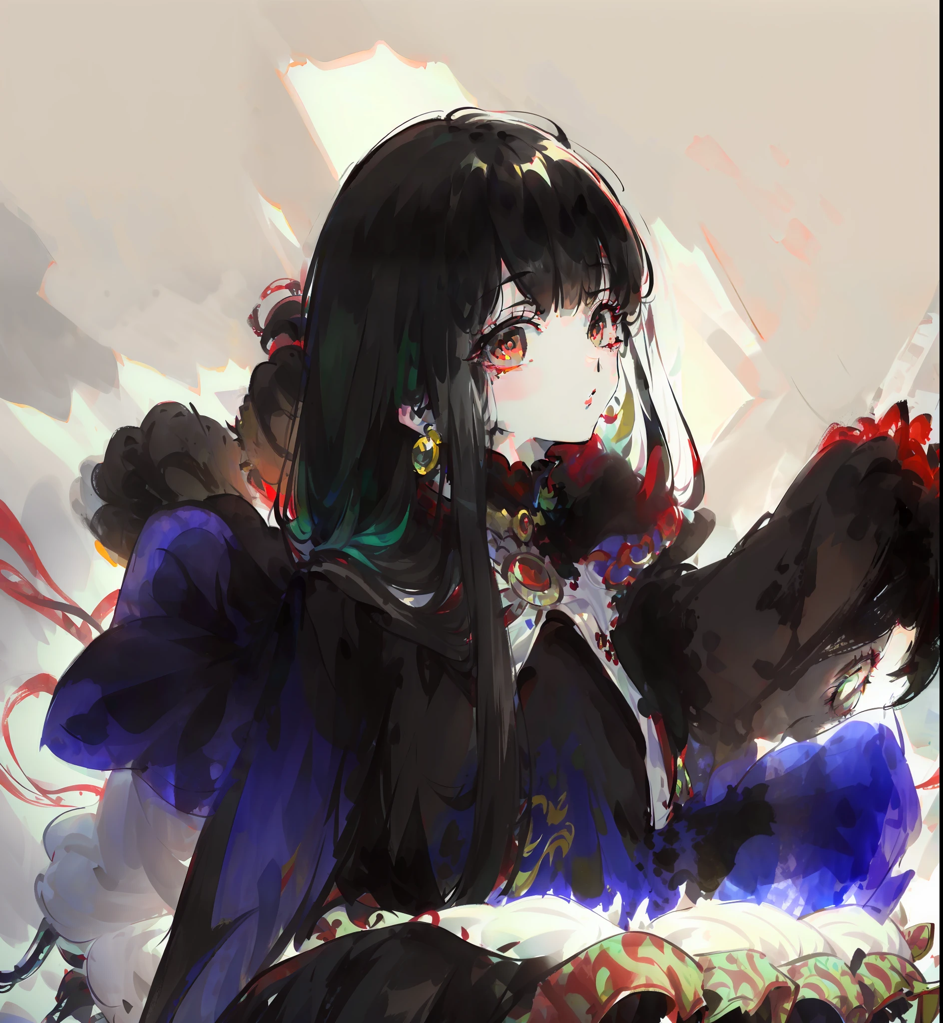 (Masterpiece, Monochrome, Colorful: 1.0), (Maximum Quality: 1.2), (Ultra High Quality: 1.1), Masterpiece, Best Quality, (Very Detailed CG Unity 8k Wallpaper), (High Detailed), (Best Illustration), ( Best Shadow), Realistic Lighting, costume girl,portrait of a girl, gauze skirt,jewelry, Red Lips, Beautiful, Big Eyes