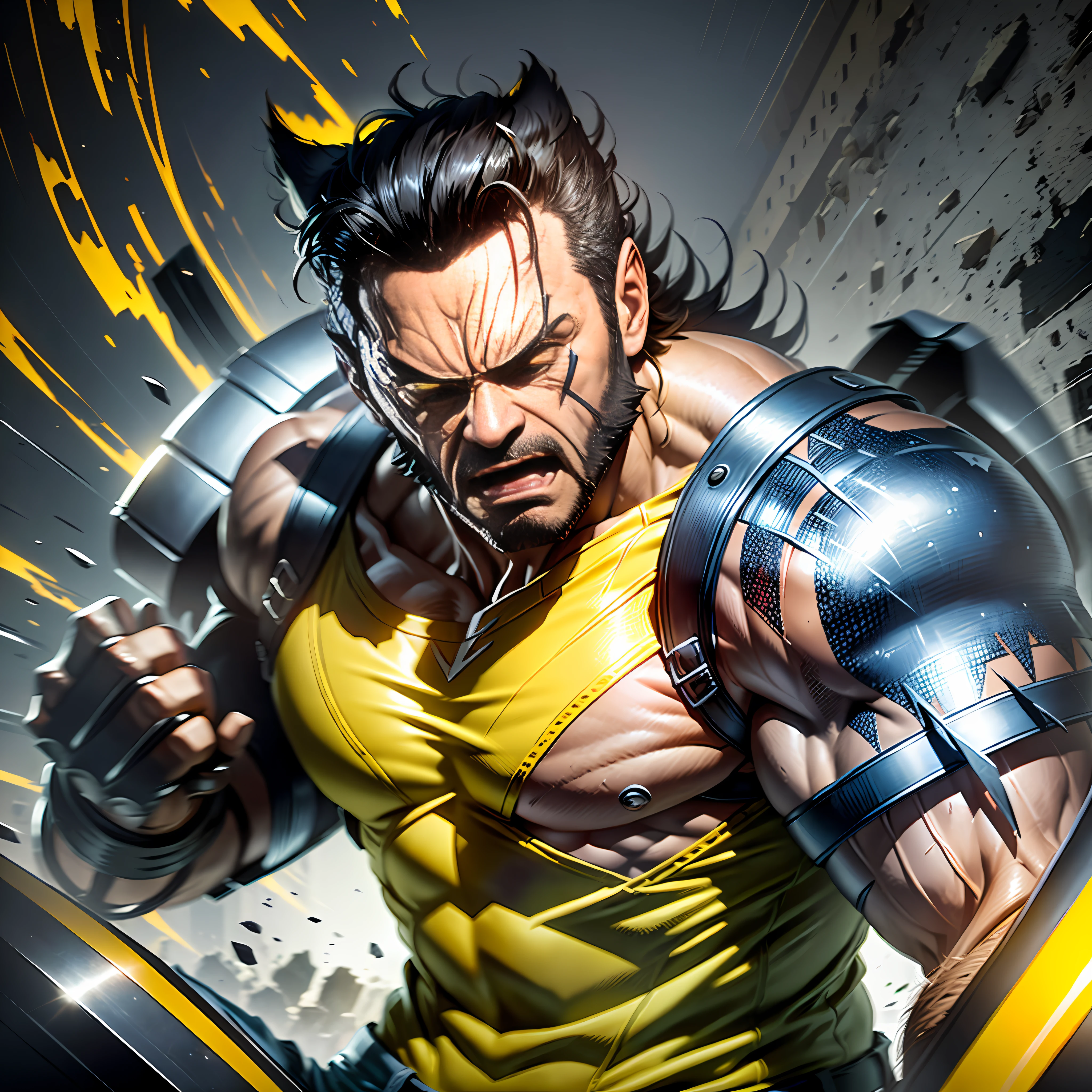 Wolverine in a classic wolverine mask (amarelae preta) with angry expression on his face classic '90s uniform (amarelo e amarelo, yellow pants and black details ), in an X-men fighting setting,