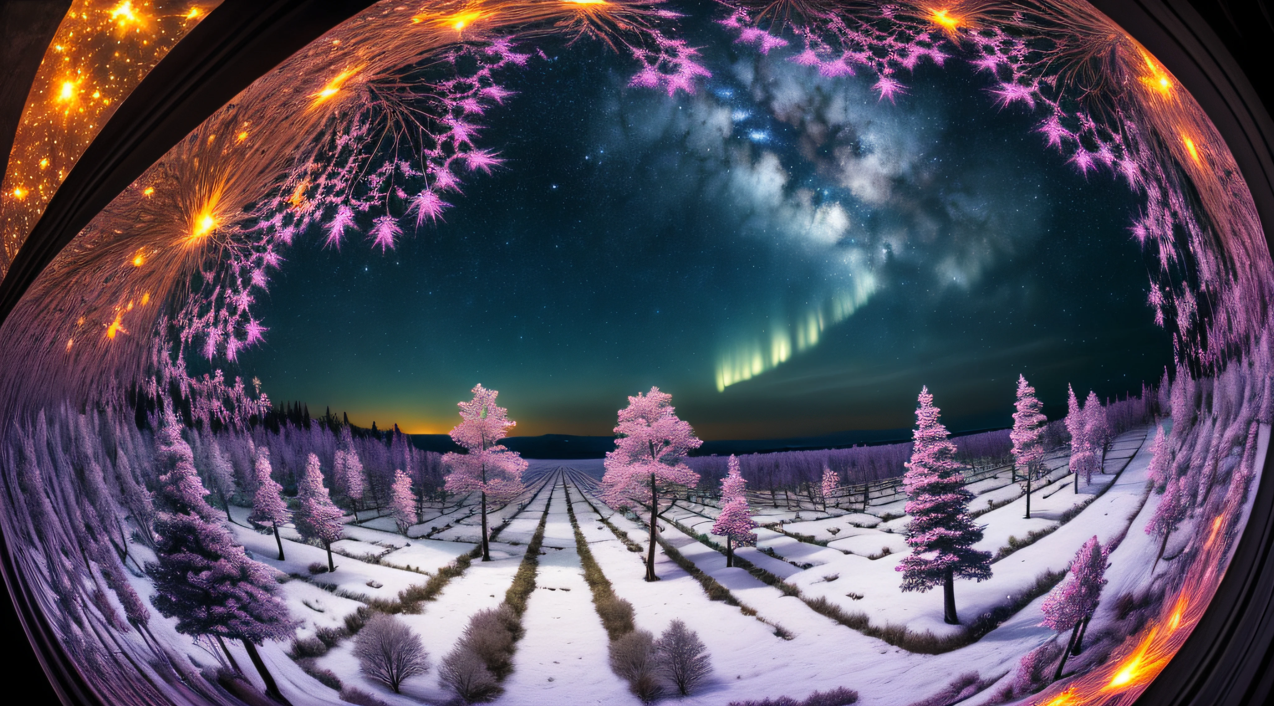 ((best quality)), ((masterpiece)), (detailed), (inspiring),airbrush ,highly detailed ,dark atmosphere,rays of light ,fractal art ,intricate details ,strange or odd,many little people riding horses, forest ,mountains with snow, sky with galaxies ,milky way , transparent lake with fishes ,imagination ,rabbits in the field ,psychedelic , little mushrooms , fractal art,illusion , dawn ,mysticism , oak trees ,fireflies , campfires , brian froud , alex grey , giger ,Jheronimus Bosch, ultra detailed , fisheye lens