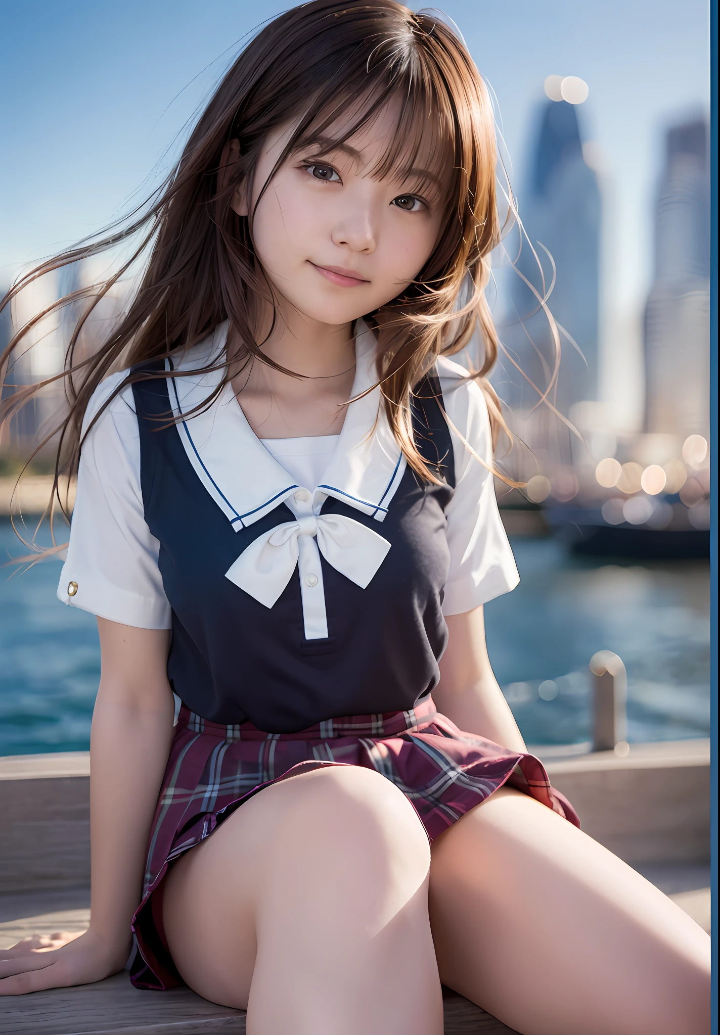 momoko suou (million live), (best quality, 8K, masterpiece, ultra detailed:1.2), dynamic pose, cinematic angle, cowboy shot, light particles, sparkle, beautiful detailed eyes, shiny skin, shiny hair, sunbeam, wide shot, depth of field, backlighting, 
sea, sunset, beautiful clouds, gradient sky, contrail, star, midnight, sailing ship, cityscape, skyline,
1girl, solo, skirt, smile, cute, happy, sailor collar, shirt, pleated skirt, layered skirt, short sleeves, school uniform, serafuku, collarbone, ribbon, bow, sitting,