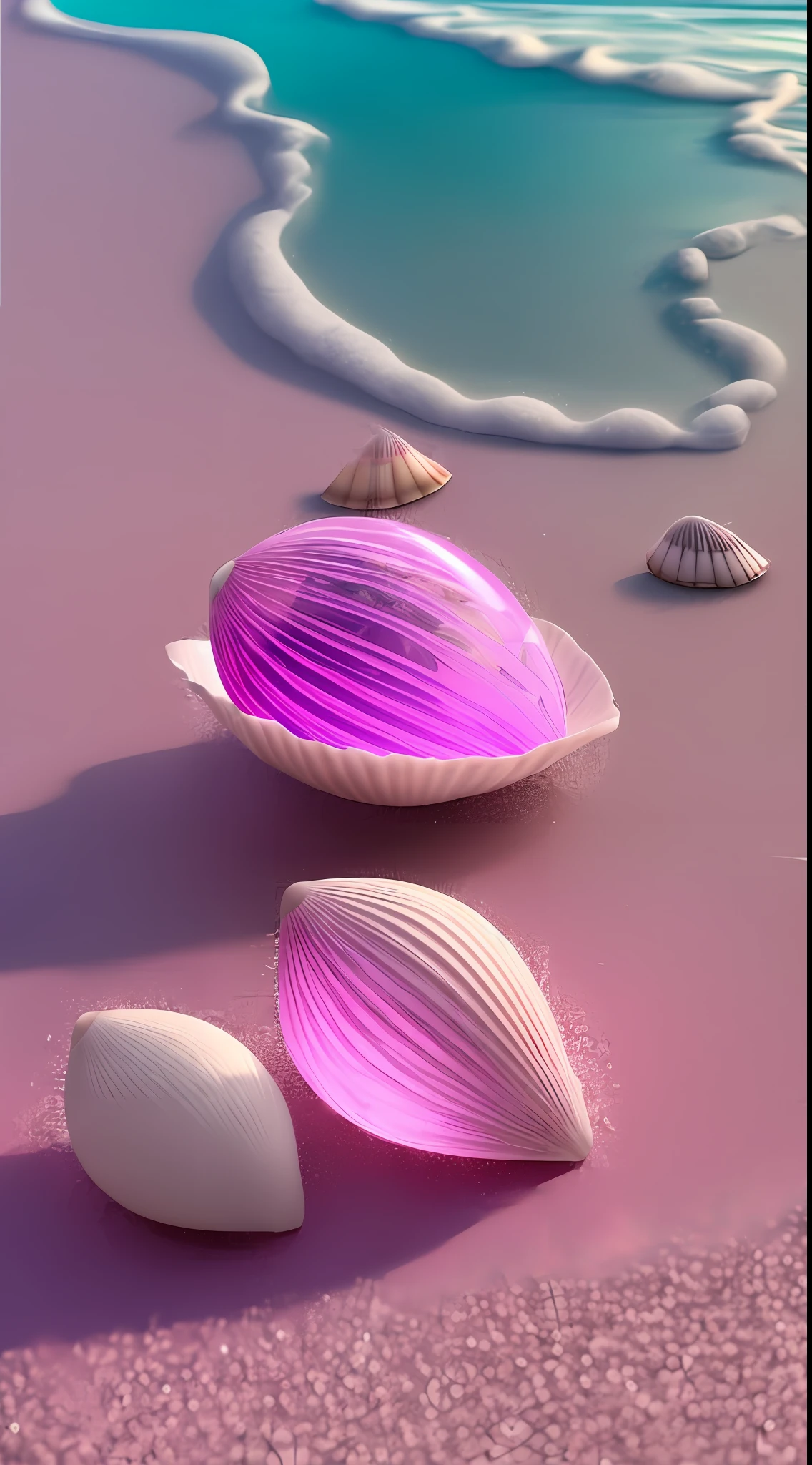 (8k, RAW photo, best quality, masterpiece: 1.2), (realistic, realistic: 1.37) There are many pink shells on the beach, there is water, pearl, pearl and shell, soft spill, pearlization, pink jellyfish everywhere, soft 3D rendering, ethereal bubbles, bubble landscape, Iray shader, soft pink, pink reflection, pearl sky, shells, paradise pink, pastel colors, pink pastels