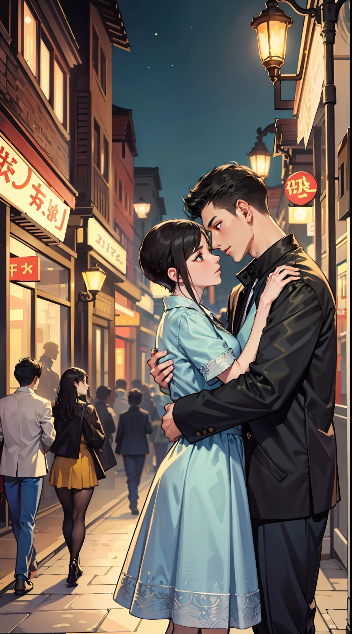 (4K, Beautifully styled, Full depiction),Bustling street at night,Short male hair, male and female black hair(hug),Rich in ancient style。