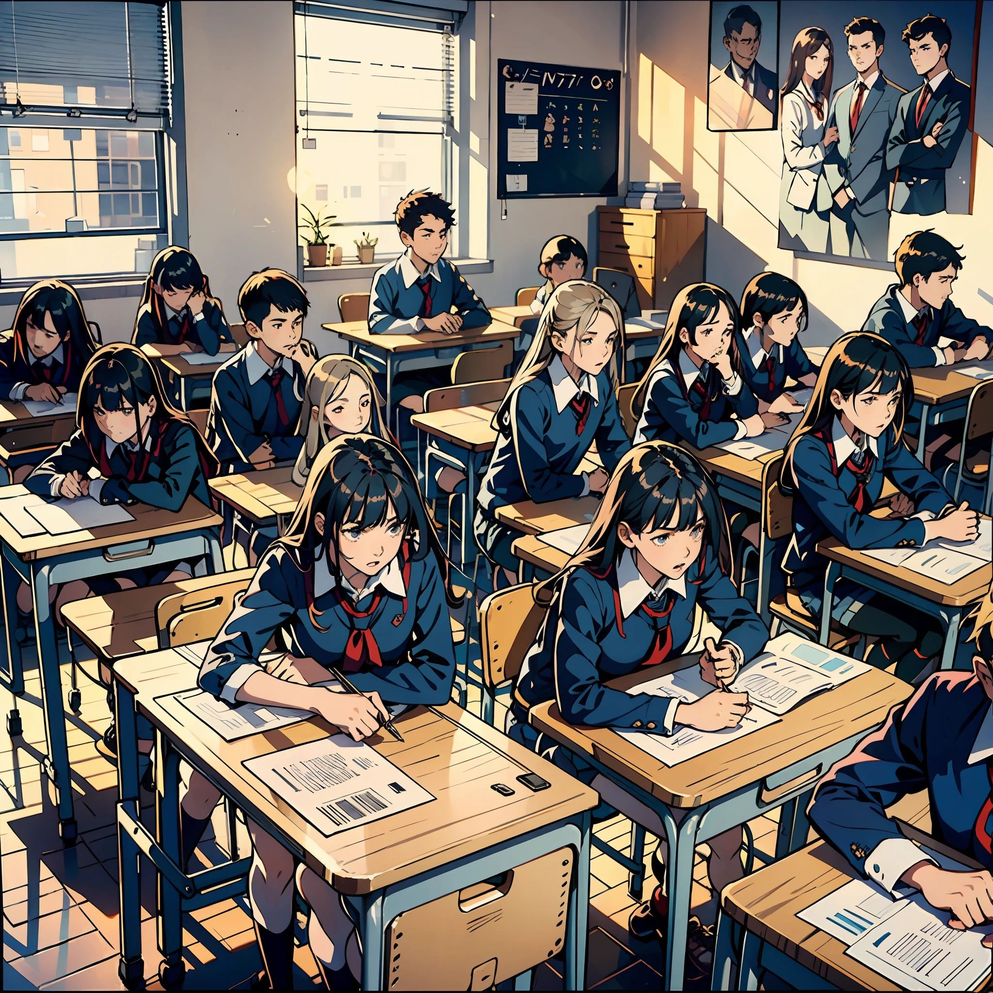 schools，school room，The class of 17-year-old boys and girls made their seats，Sleep with your head on your desk，Painful expression，Raise an eyebrow，Masterpiece of the best quality，8K，intensely detailed，hight quality，highly resolution