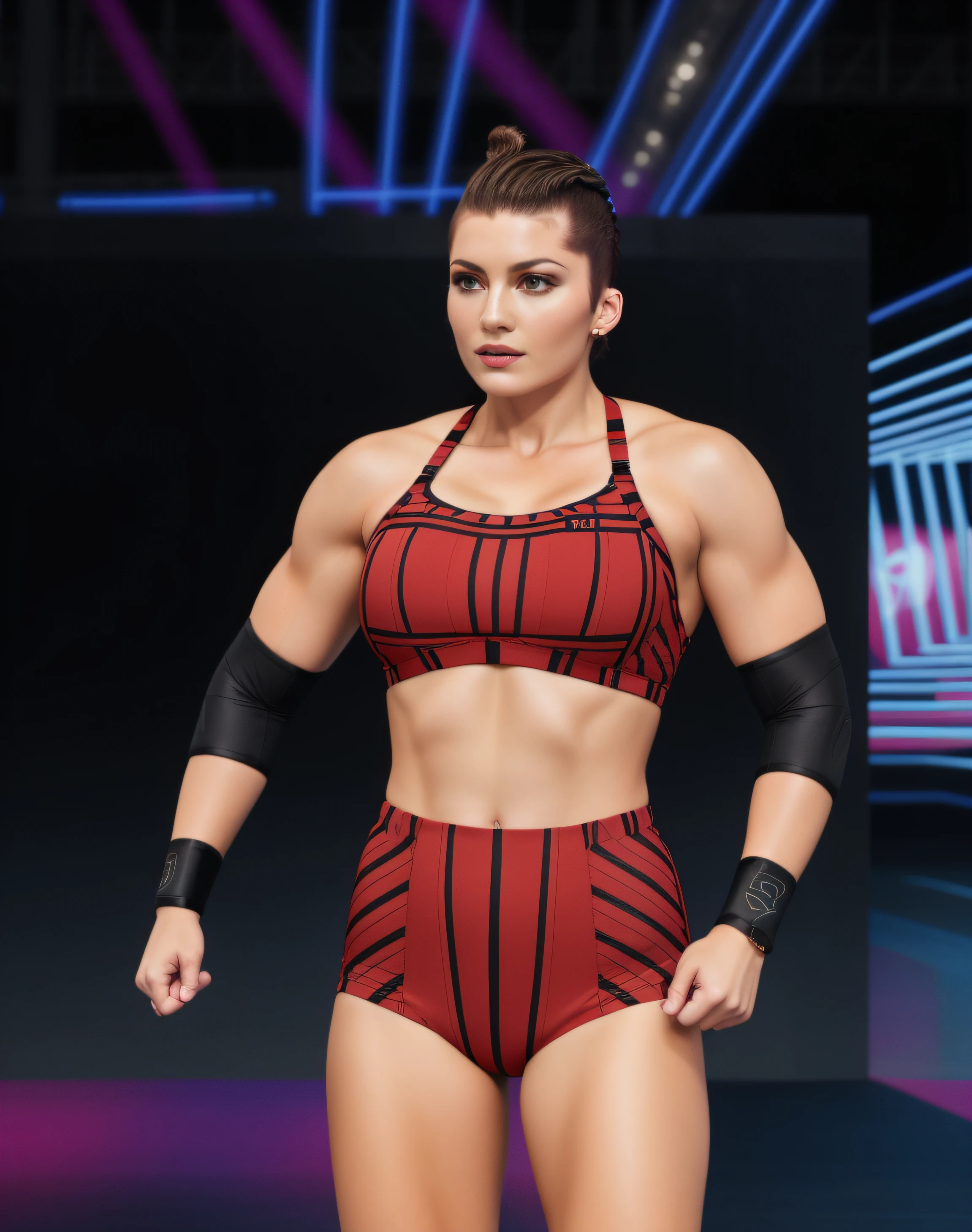 Russian woman with brunette faux hawk and shaved sides, in red and black sports bra that says "OLIVIA", black and red high cut trunks, black elbow pads, black wristbands, photo realistic, intricate details