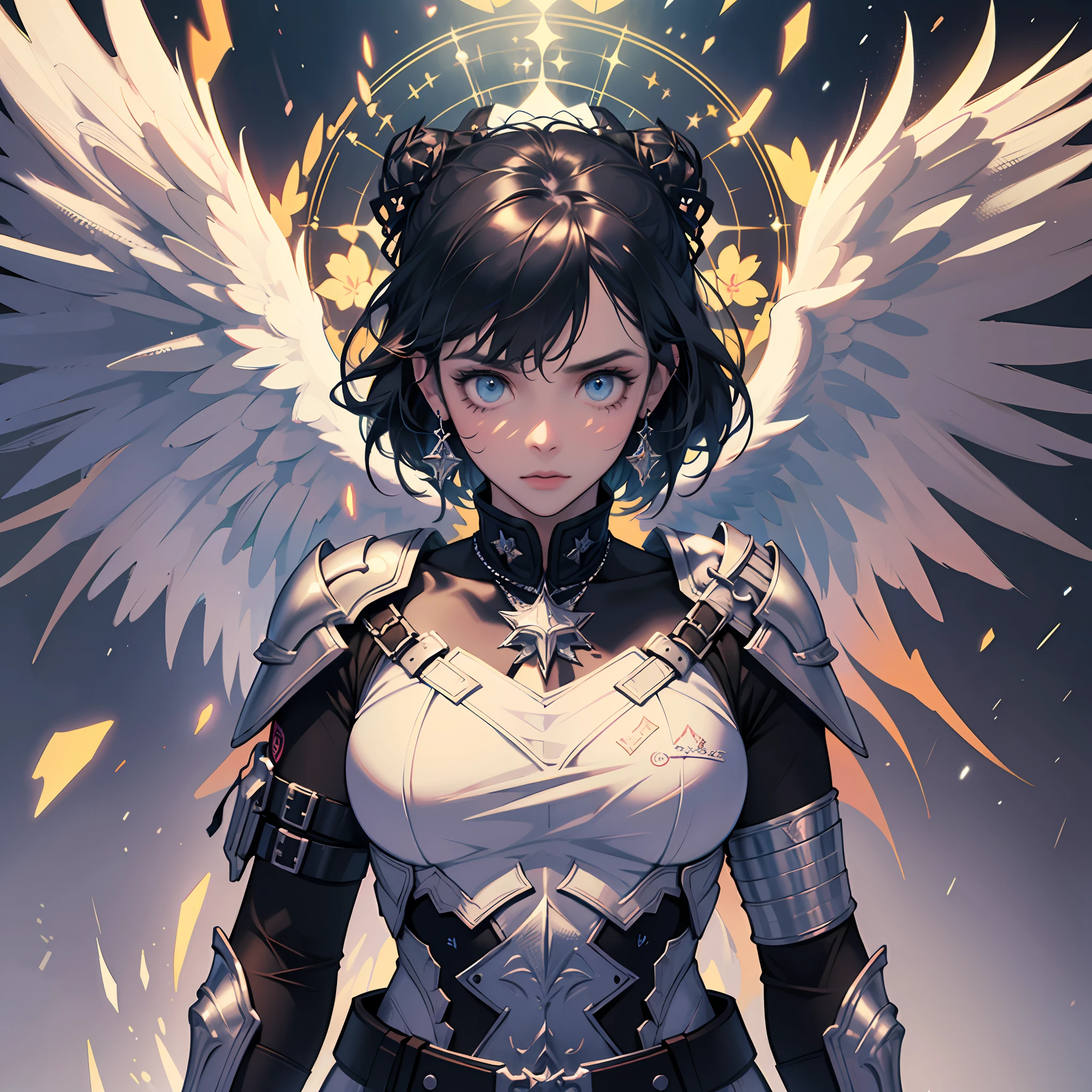 Angel, (masterpiece:1.3),(best quality:1.2),8k,absurdres,unity 8k wallpapper,(extremely detailed:1.3),highestres, armour, magic, light particles, upper body, extreme detailed, highest detailed, optical mixing, playful patterns, lively texture, unique visual effect