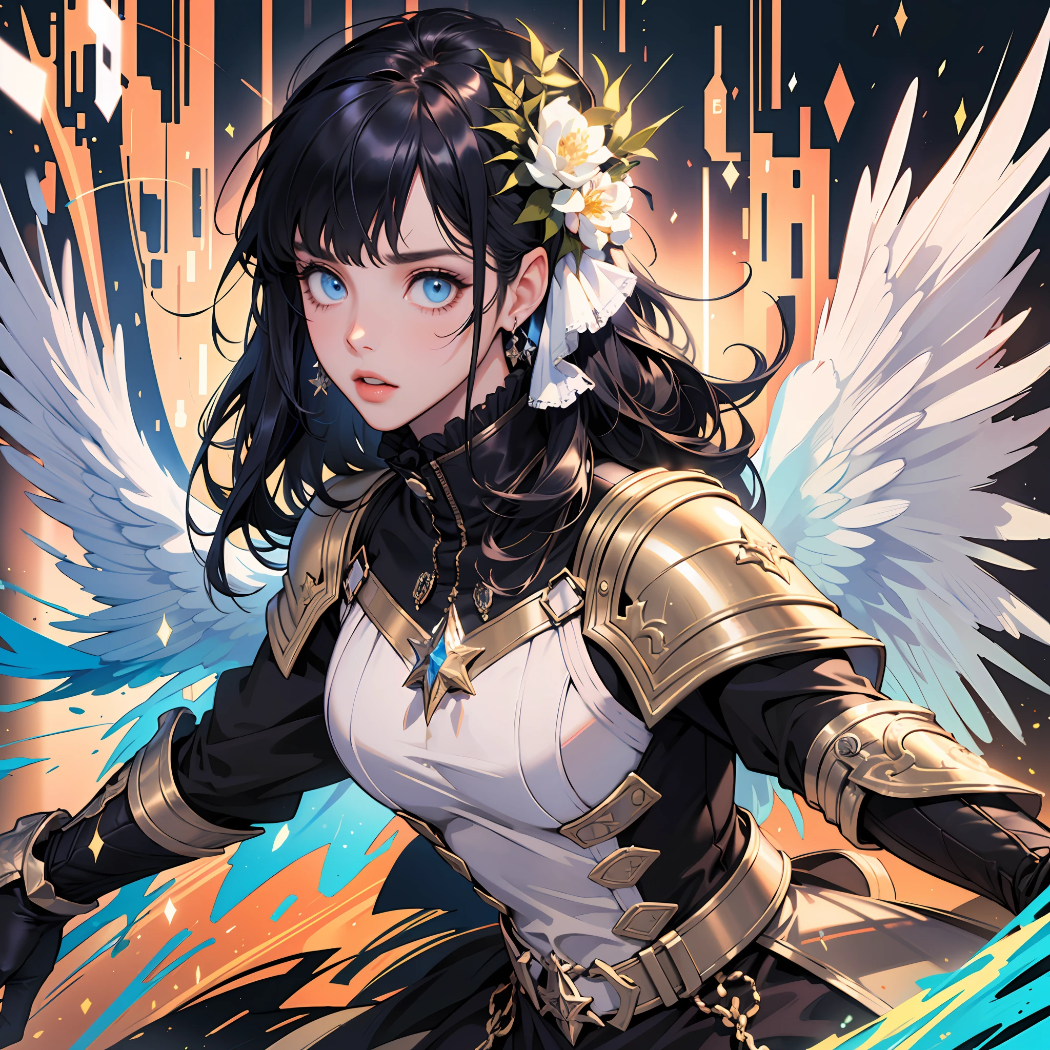 Angel, (masterpiece:1.3),(best quality:1.2),8k,absurdres,unity 8k wallpapper,(extremely detailed:1.3),highestres, armour, magic, light particles, upper body, extreme detailed, highest detailed, optical mixing, playful patterns, lively texture, unique visual effect