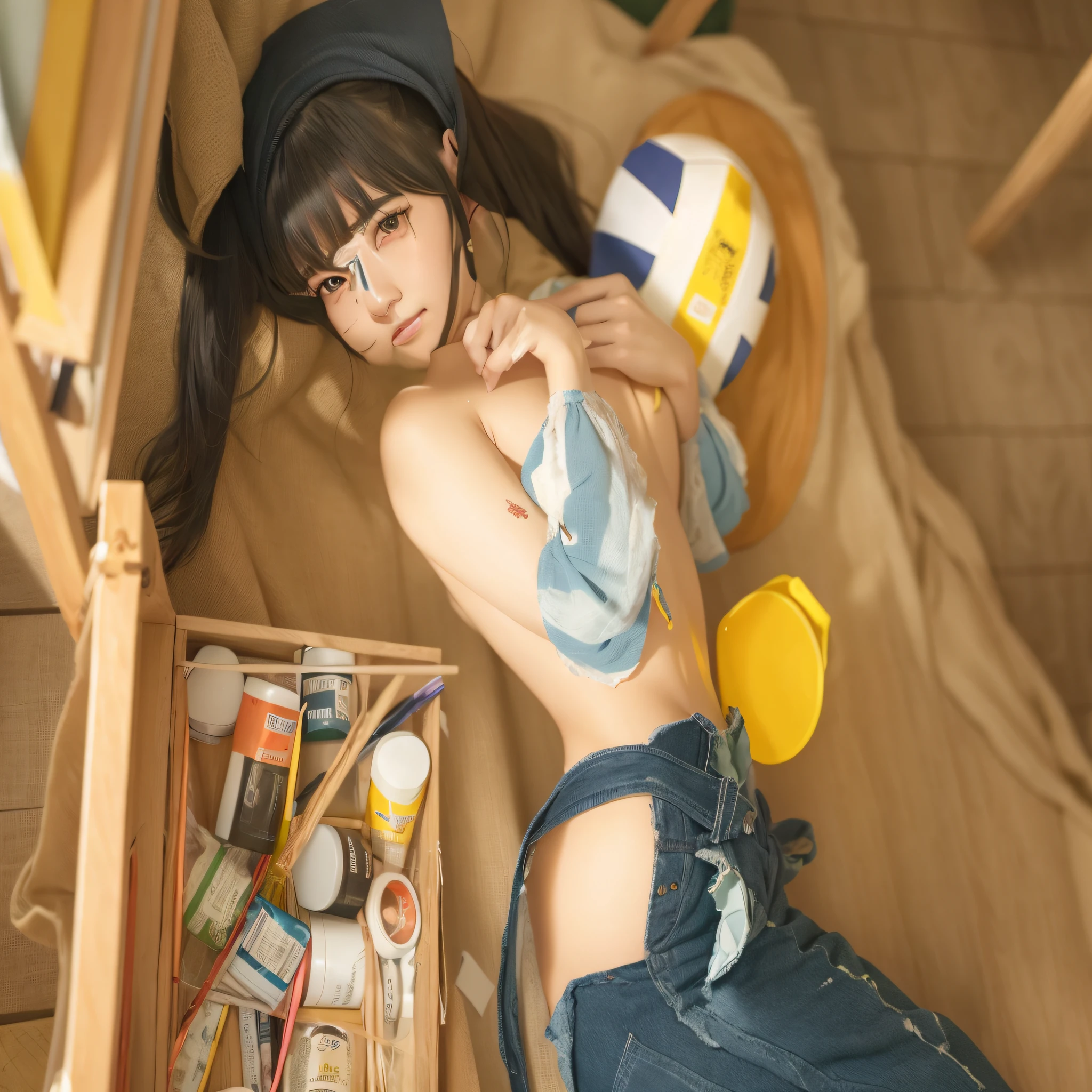There was a woman lying on the floor,Holding a box of paint in his hand, Realistic young gravure idol, Surrealism female student, Surrealism female student, , model エリサヘス s from acquamodels, Also, Anime girl cosplay, Yoshitomo Nara, Realistic sensual gravure idol showing chest --auto
