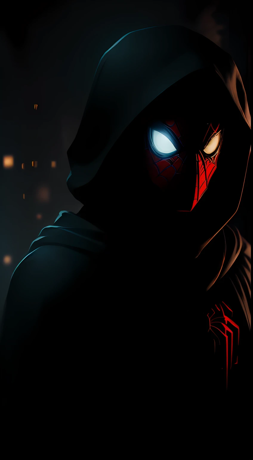 (dark shot: 1.1), epic realistic, Cosmic Spider-Man in the dark with glowing eyes and glowing cape, soft cinematic light, Adobe Lightroom, darkroom, HDR, intricate, highly detailed, (depth of field: 1.4), hyper-detail (artstation: 1.4), cinematic, warm light, dramatic light (complex details: 1.1)