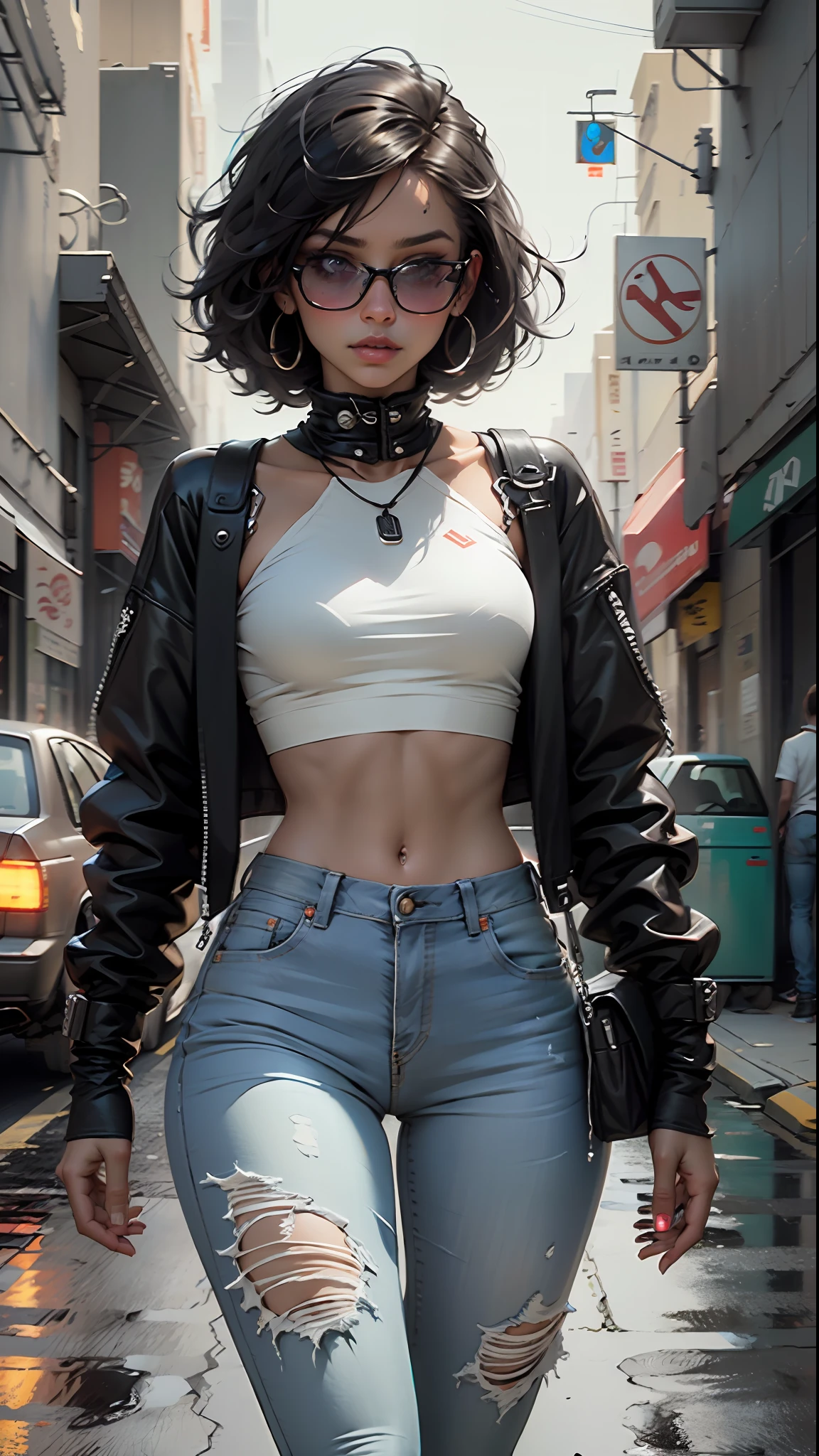 Mulher bonita, cabelo preto, jaqueta de couro preta, sexy, seios longos, estilo cyberpunk, detalhes realistas, perto, retrato jaqueta de couro preta, short jeans