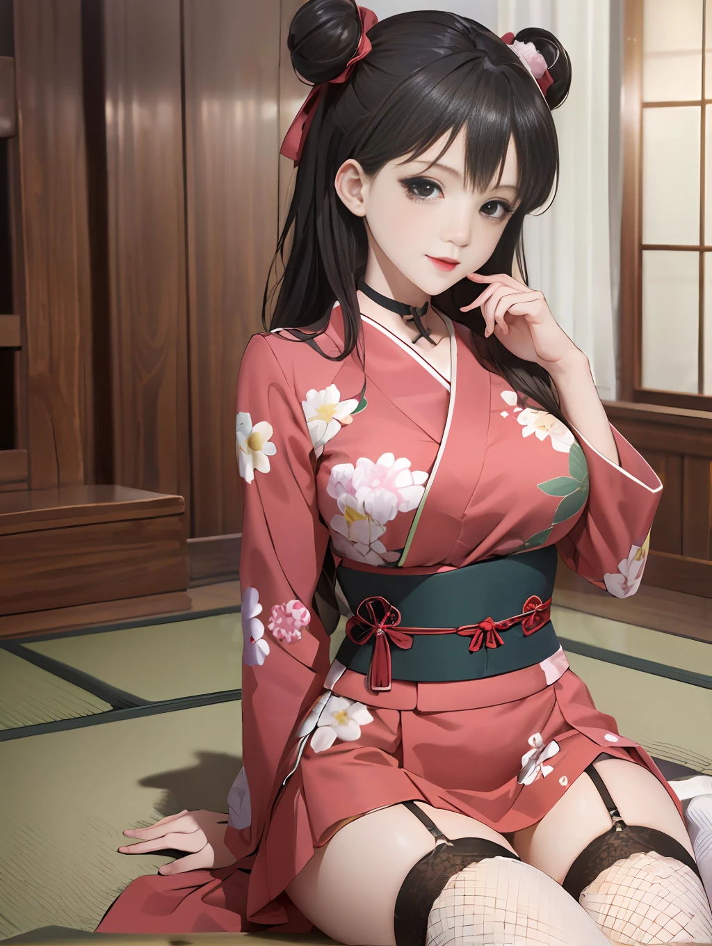 (masterpiece, best quality, ultra detailed, high resolution, absurdres:1.4), (shiny black hair, twin-buns style, smooth and white shiny skins:1.2), (super fine illustration, extremely detailed CG unity 8k wallpaper), 1girl, extremely cute and beautiful girl. slender, abs, ??????????????, red, gold, BREAK, (lace), (single fishnet legwear, single garter strap, cross-laced sleeves, cross-laced clothes:1.2), heart, collar, ribbon choker, ear piercing, BREAK, Japanese kimono, gothic Lolita, knee-length skirt, BREAK, background is Japanese hotel in the night, ryokan, wasitu background, light grin smile, sitting, wariza, hands on between legs, ufotable style, anime screen cap, pink lipstick, perfect ???????, perfect proportion, beautiful detailed face,