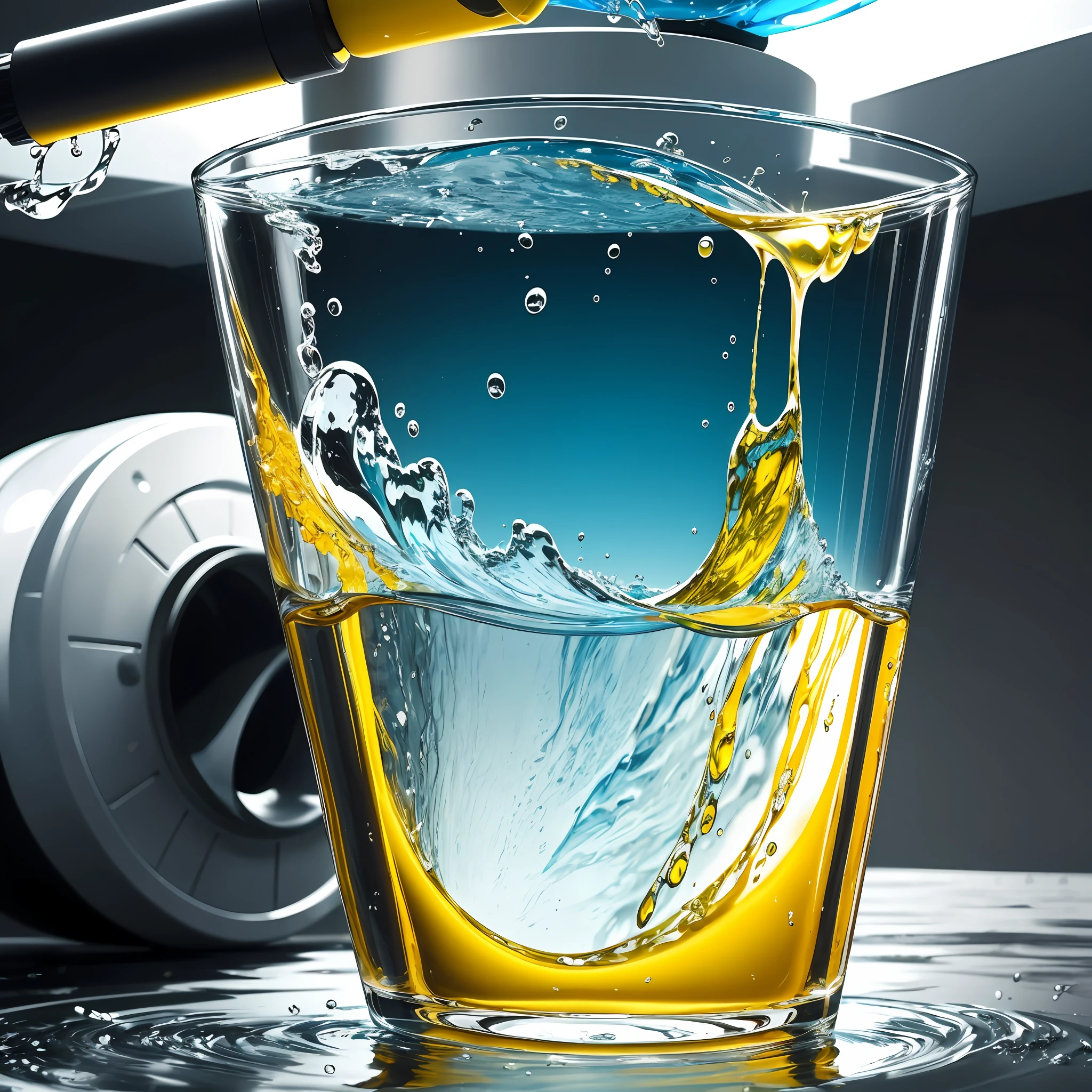 Water treatment folder, There is a glass of yellow liquid, black and yellow theme, show clean running water